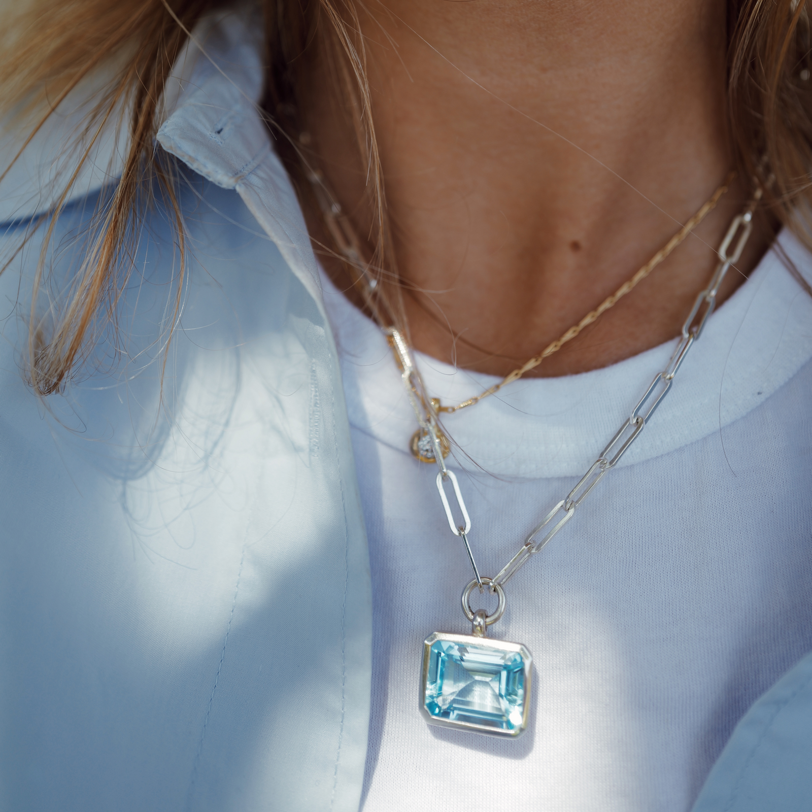 Silver Juno Blue Topaz Trace Chain Necklace