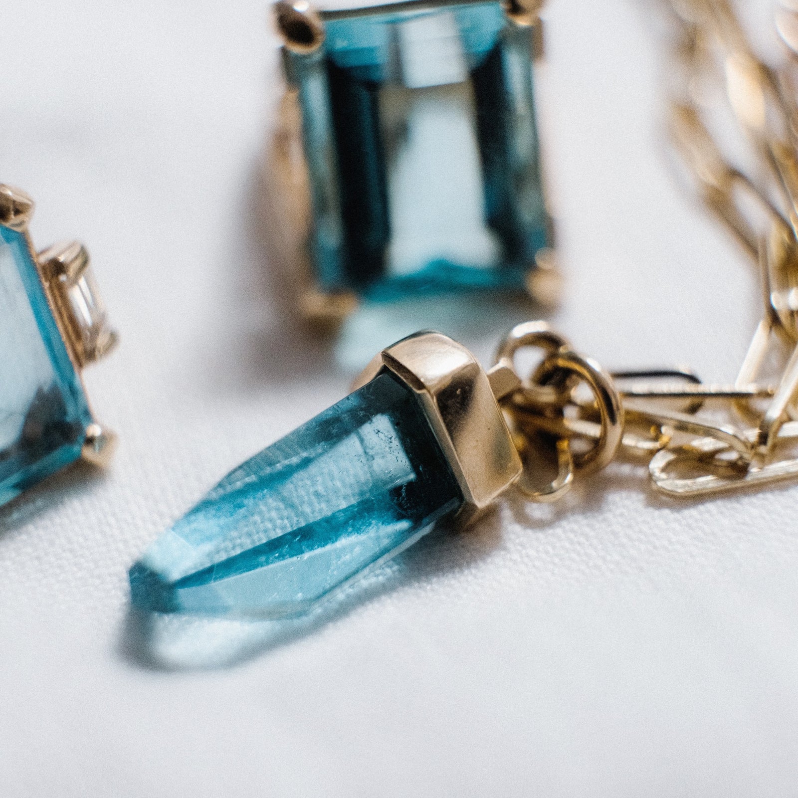 AISA Gold Aquamarine & Diamond Trace Chain Necklace