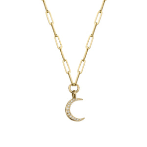Gold Pavé Set Diamond Medium Crescent Moon Trace Chain Necklace