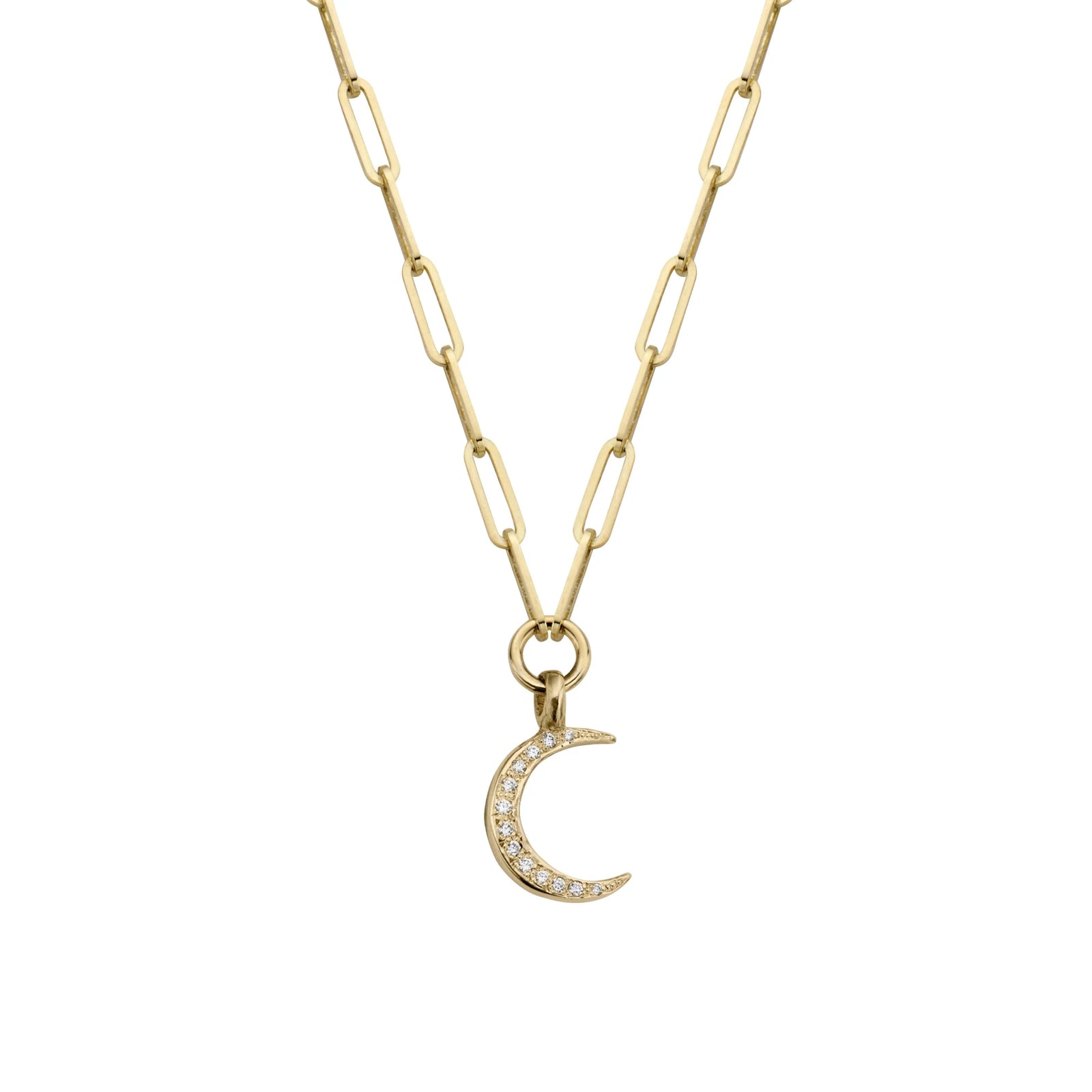Gold Pavé Set Diamond Medium Crescent Moon Trace Chain Necklace