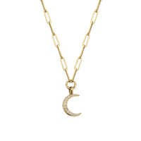 Gold Pavé Set Diamond Medium Crescent Moon Trace Chain Necklace