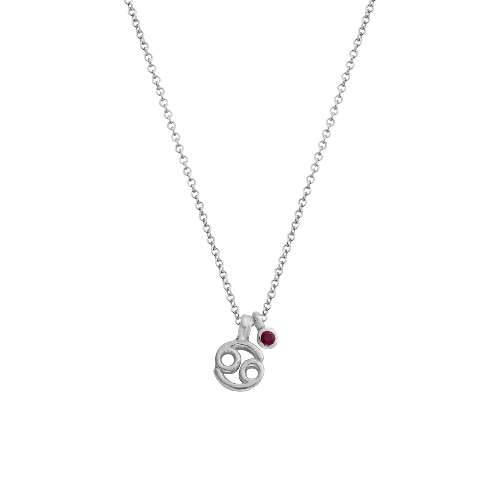 Silver Mini Cancer Horoscope & Ruby Birthstone Necklace