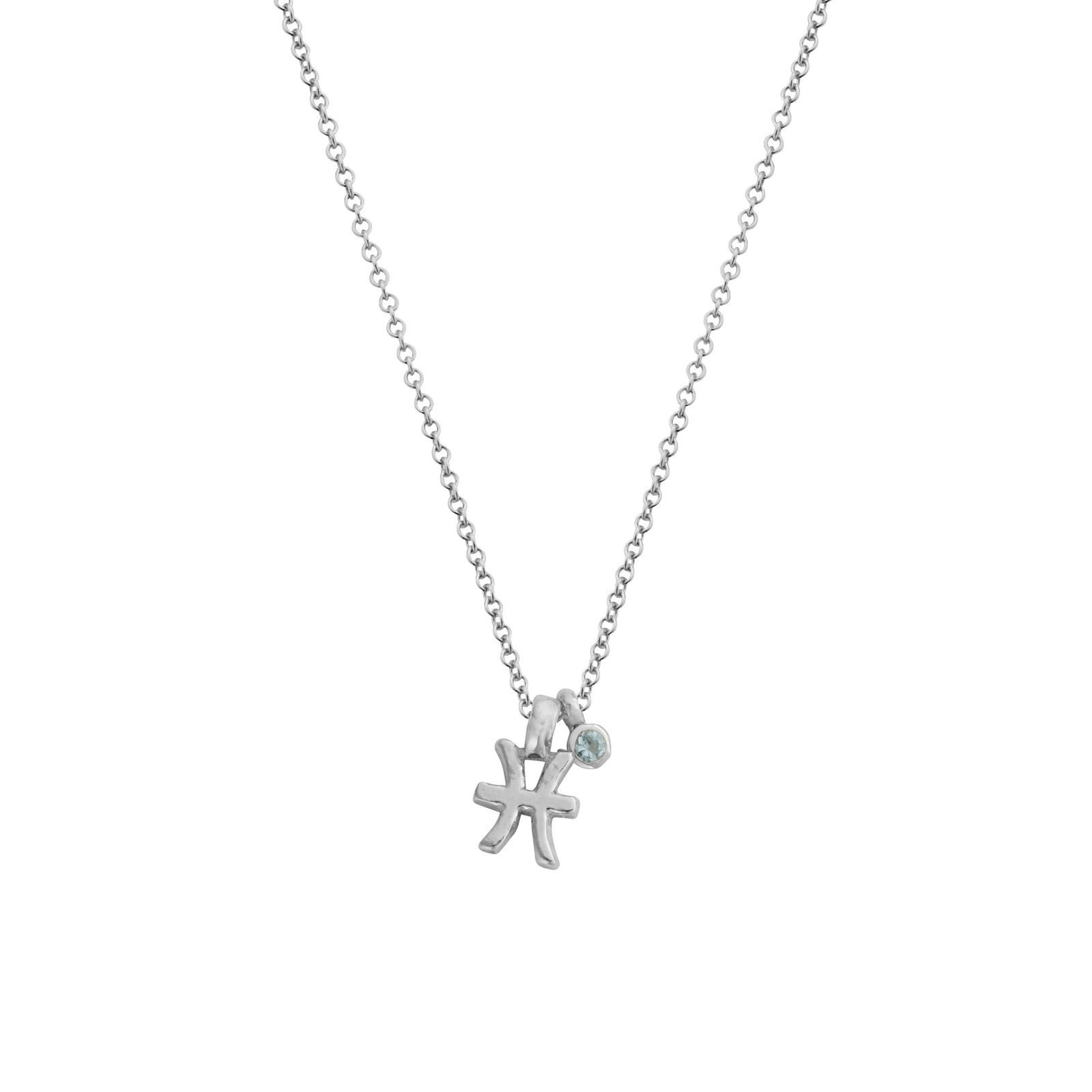 Silver Mini Pisces Horoscope & Aquamarine Birthstone Necklace