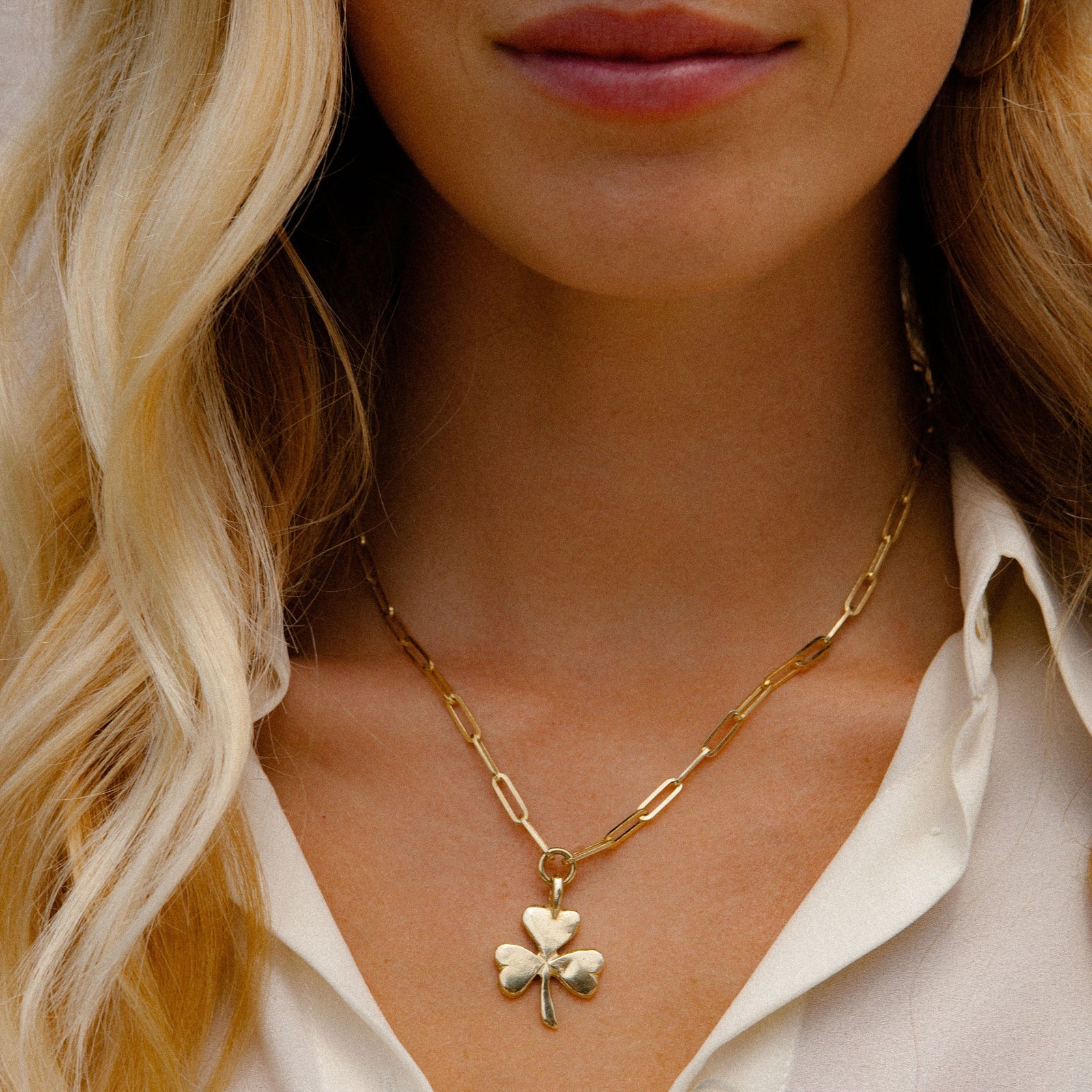 Gold Large Shamrock Trace Chain Necklace