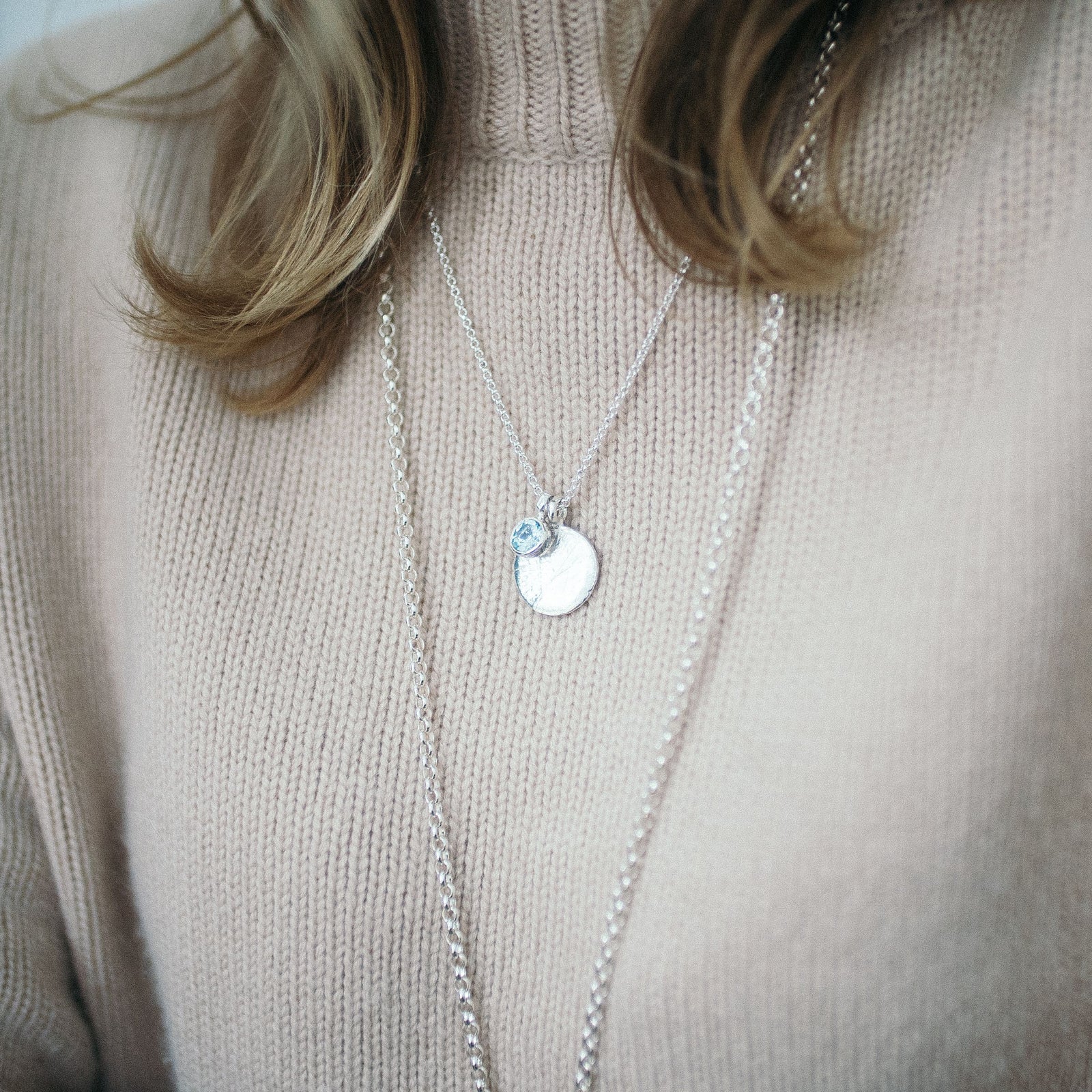 Silver Blue Topaz Moon & Stone Necklace