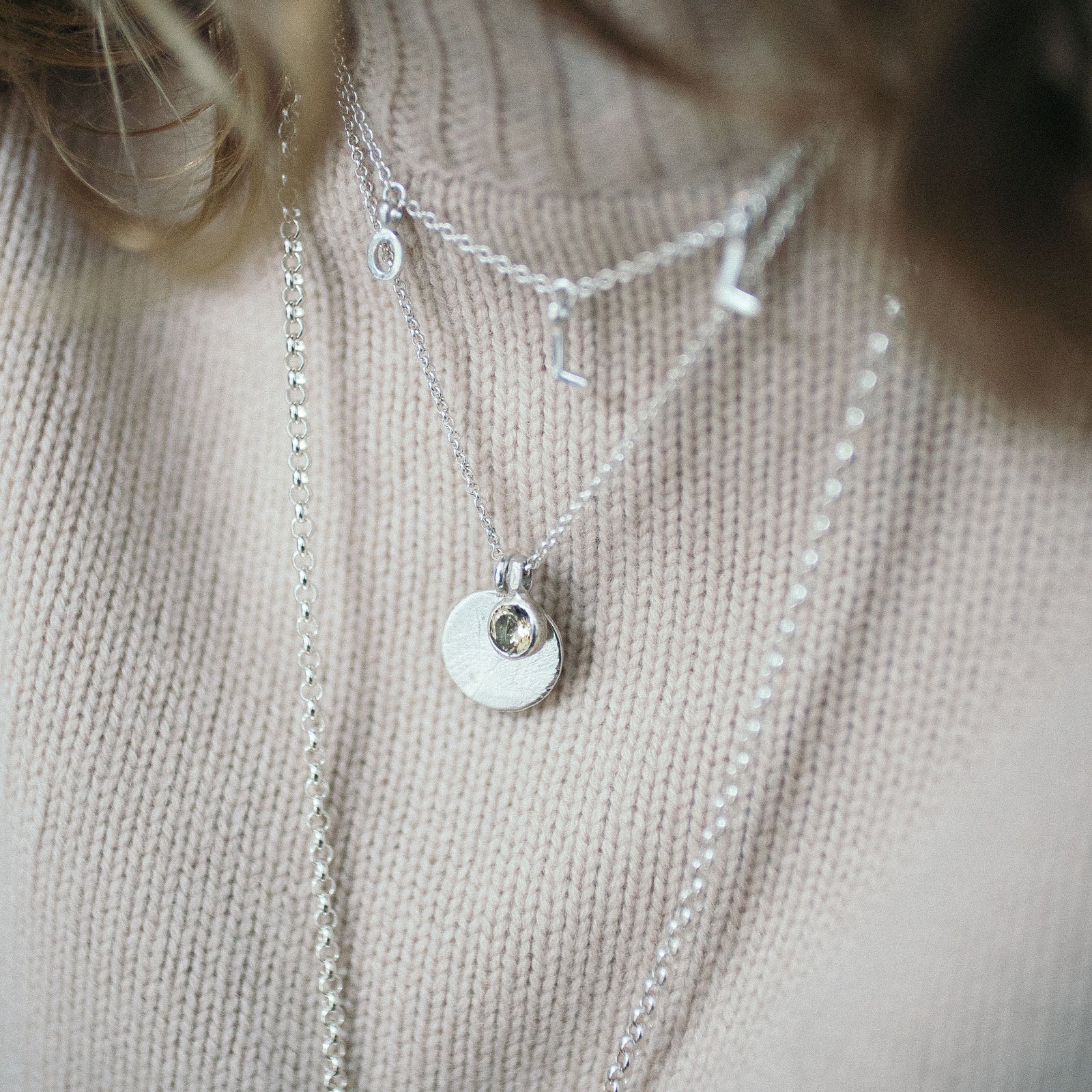 Silver Green Quartz Moon & Stone Necklace