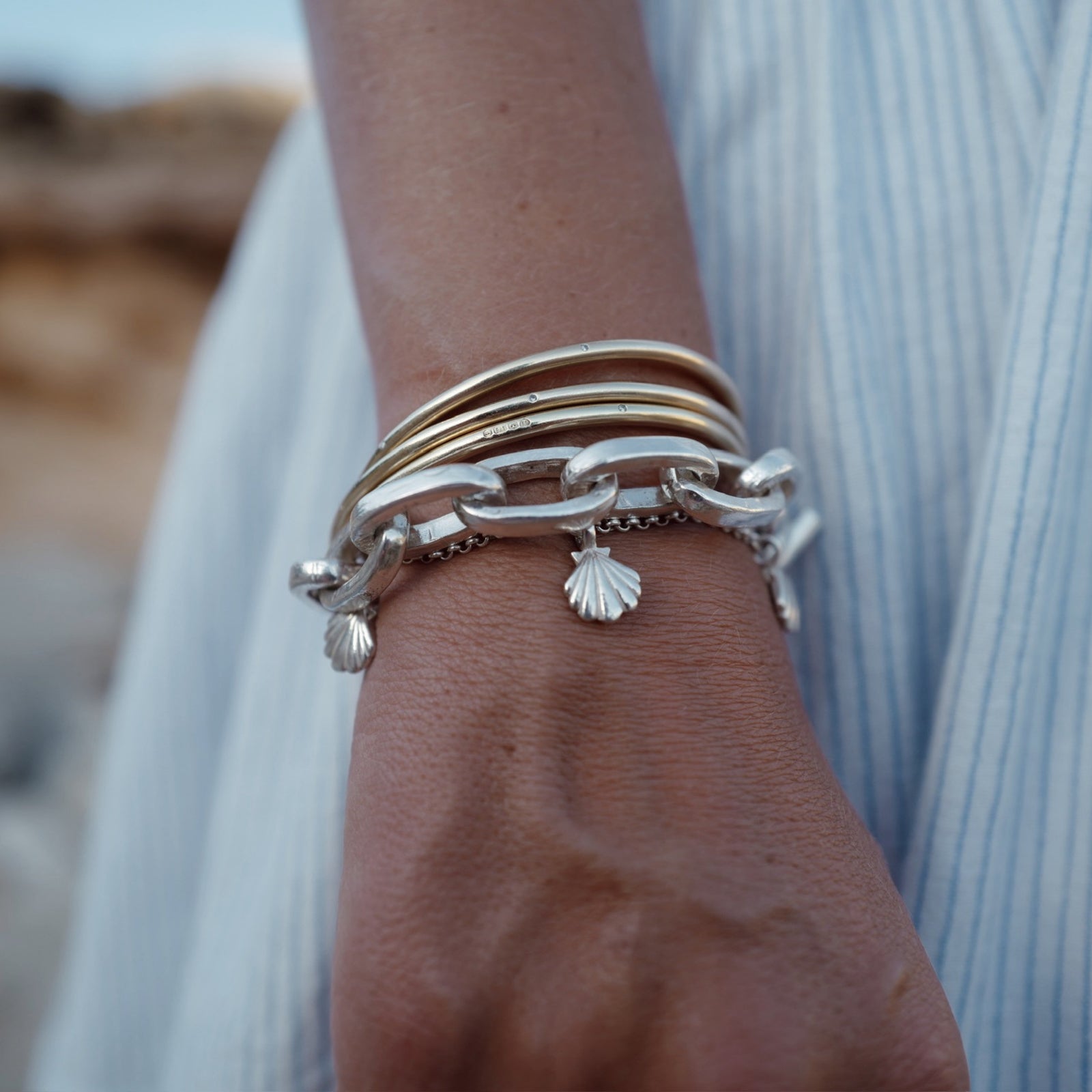 Silver Trio Scallop Shell Chain Bracelet