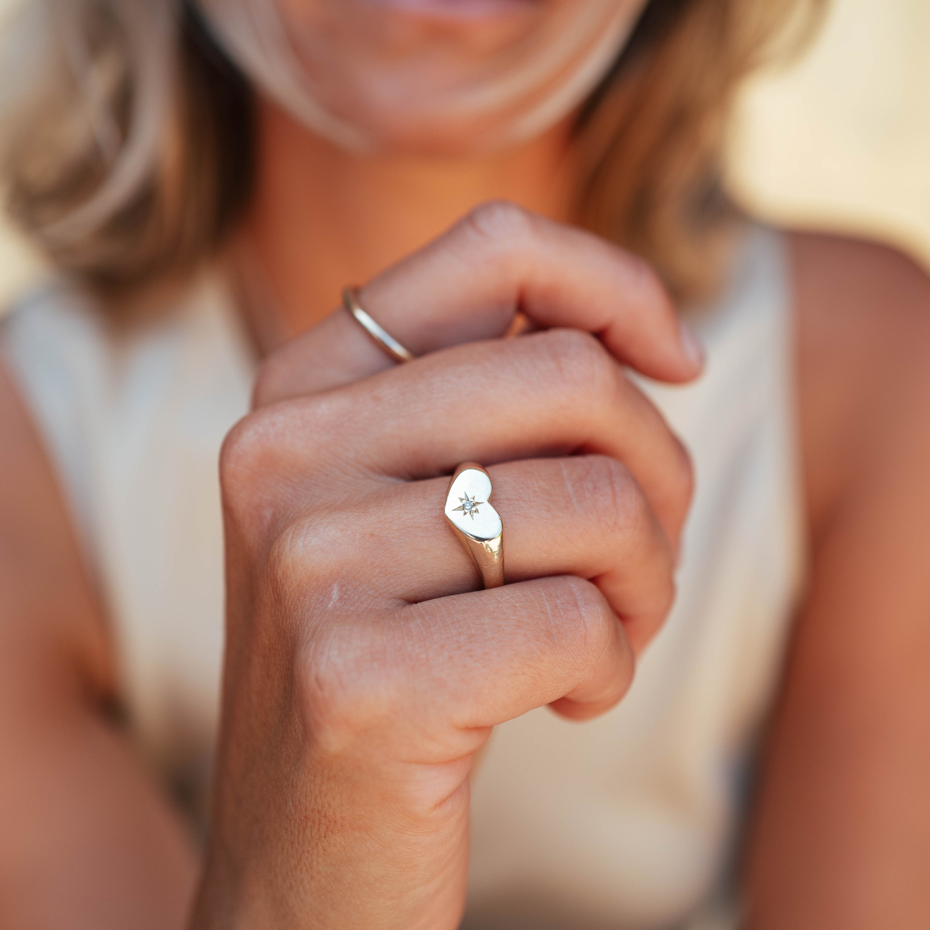 Gold Diamond Star Sweetheart Signet Ring