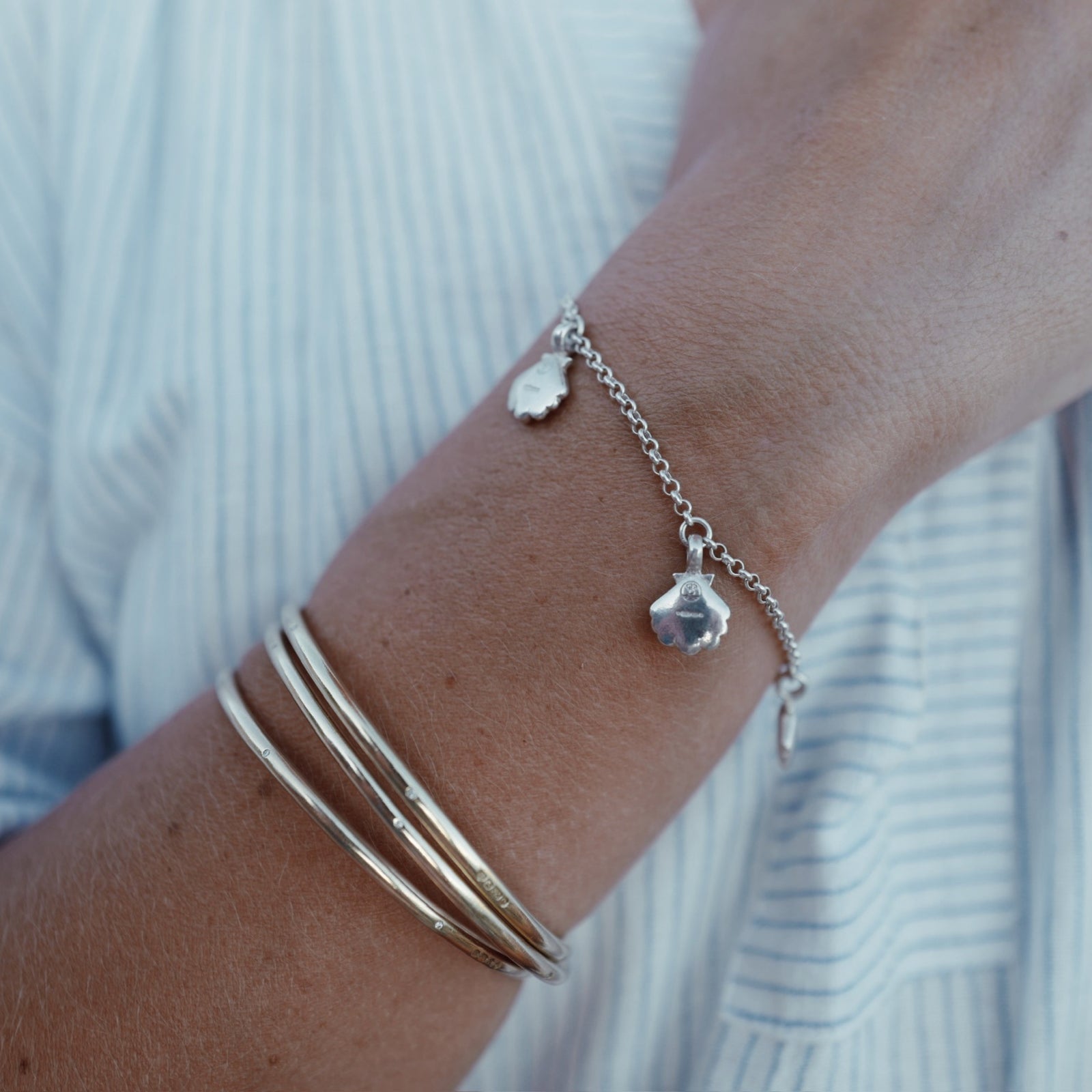 Silver Trio Scallop Shell Chain Bracelet