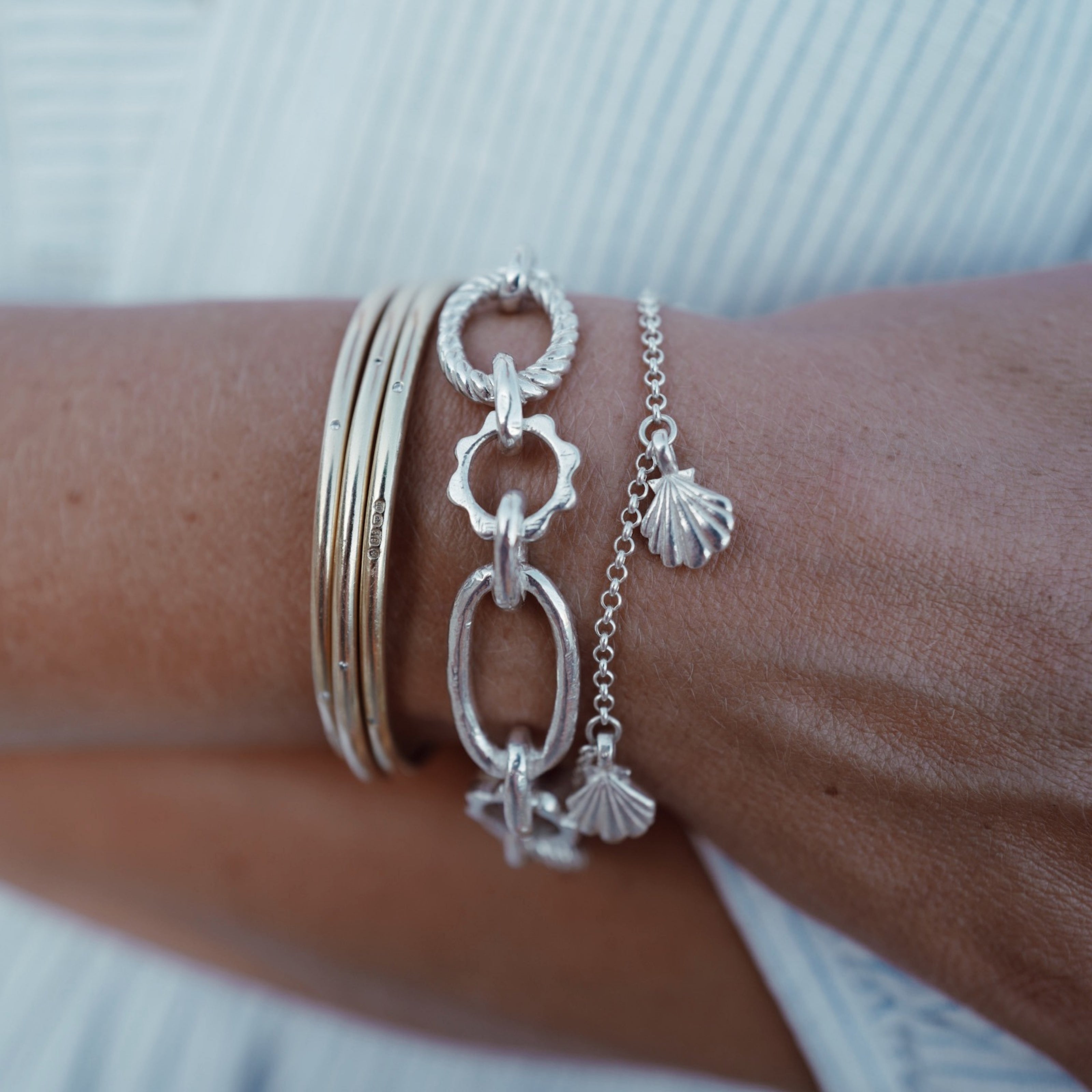 Silver Trio Scallop Shell Chain Bracelet