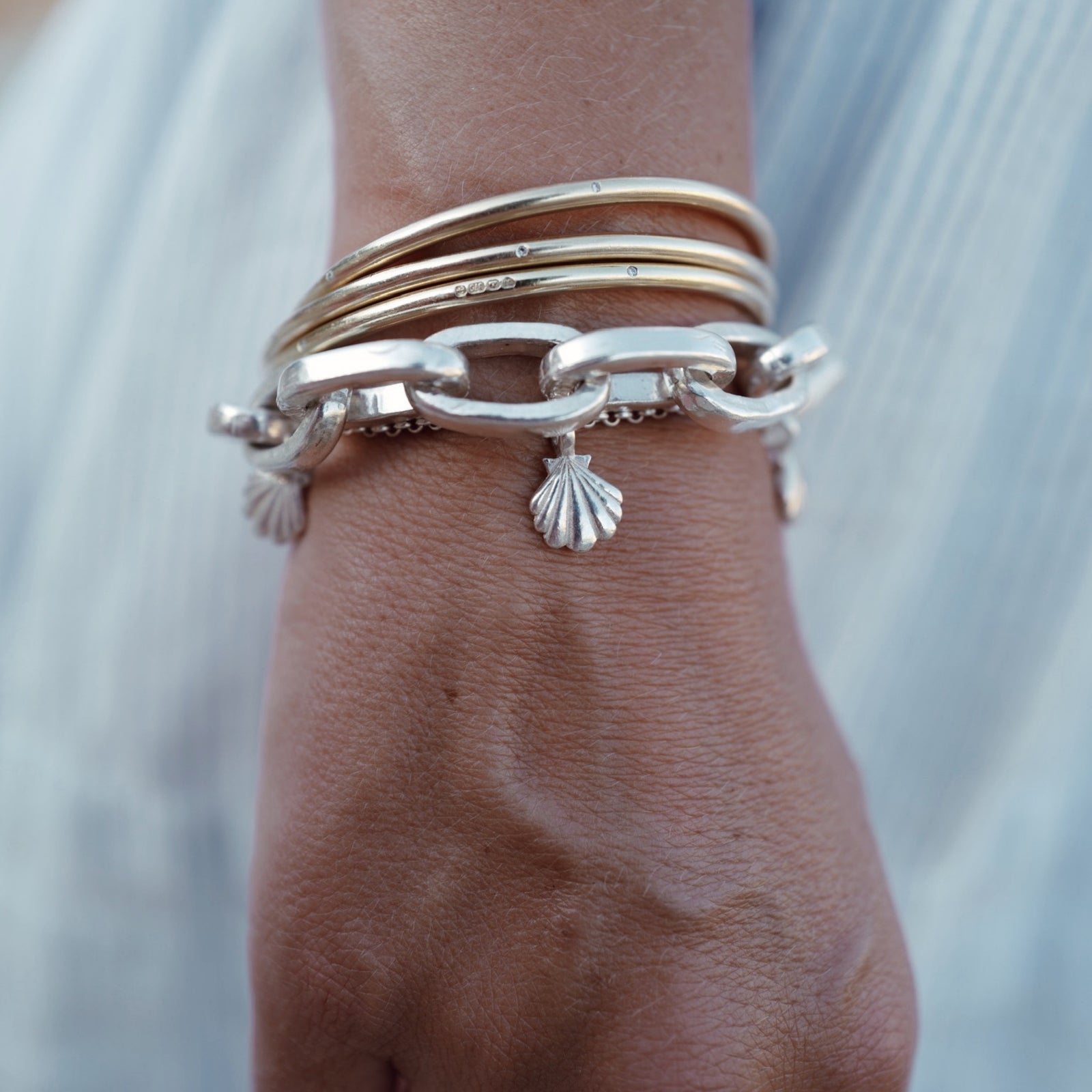 Silver Trio Scallop Shell Chain Bracelet