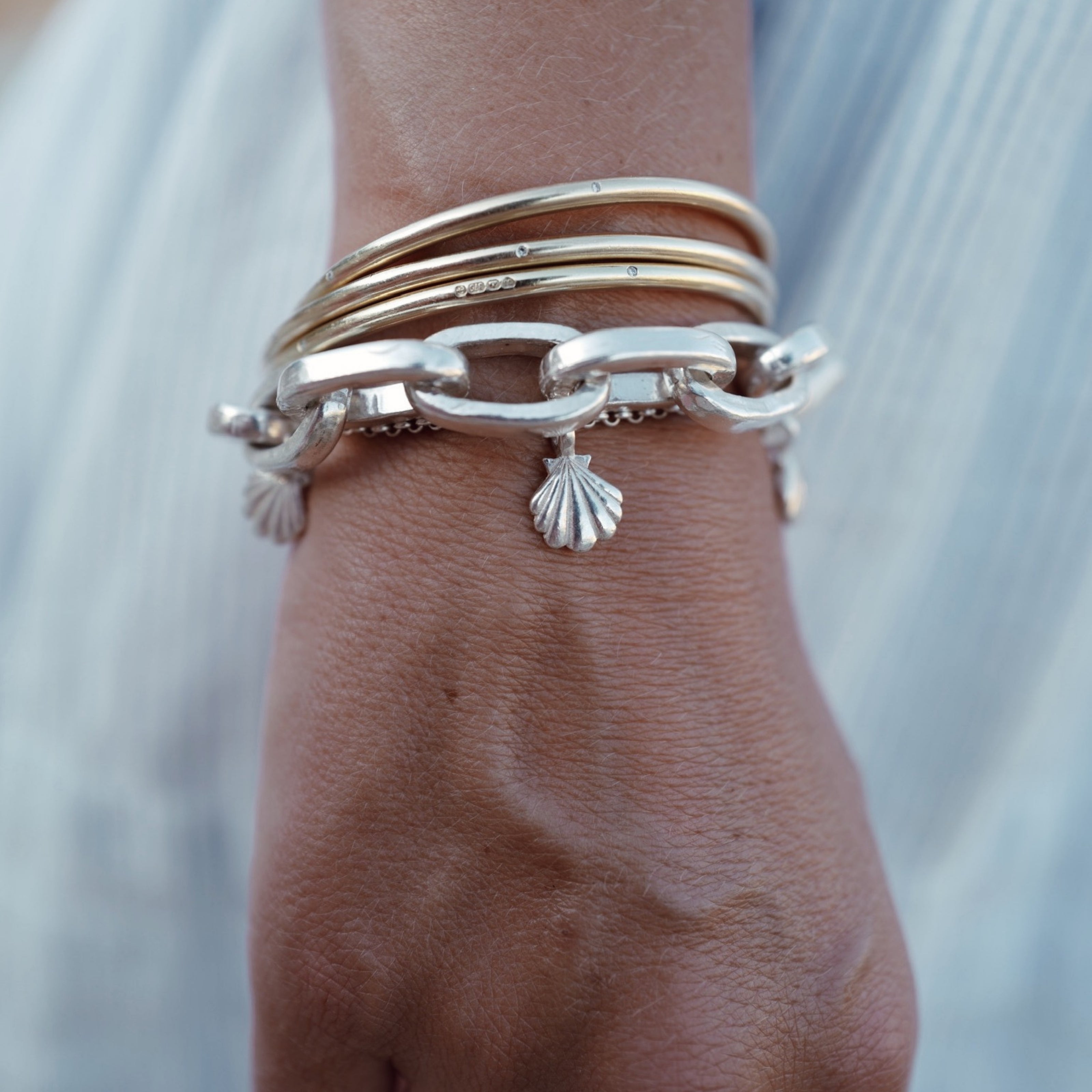 Silver Trio Scallop Shell Chain Bracelet