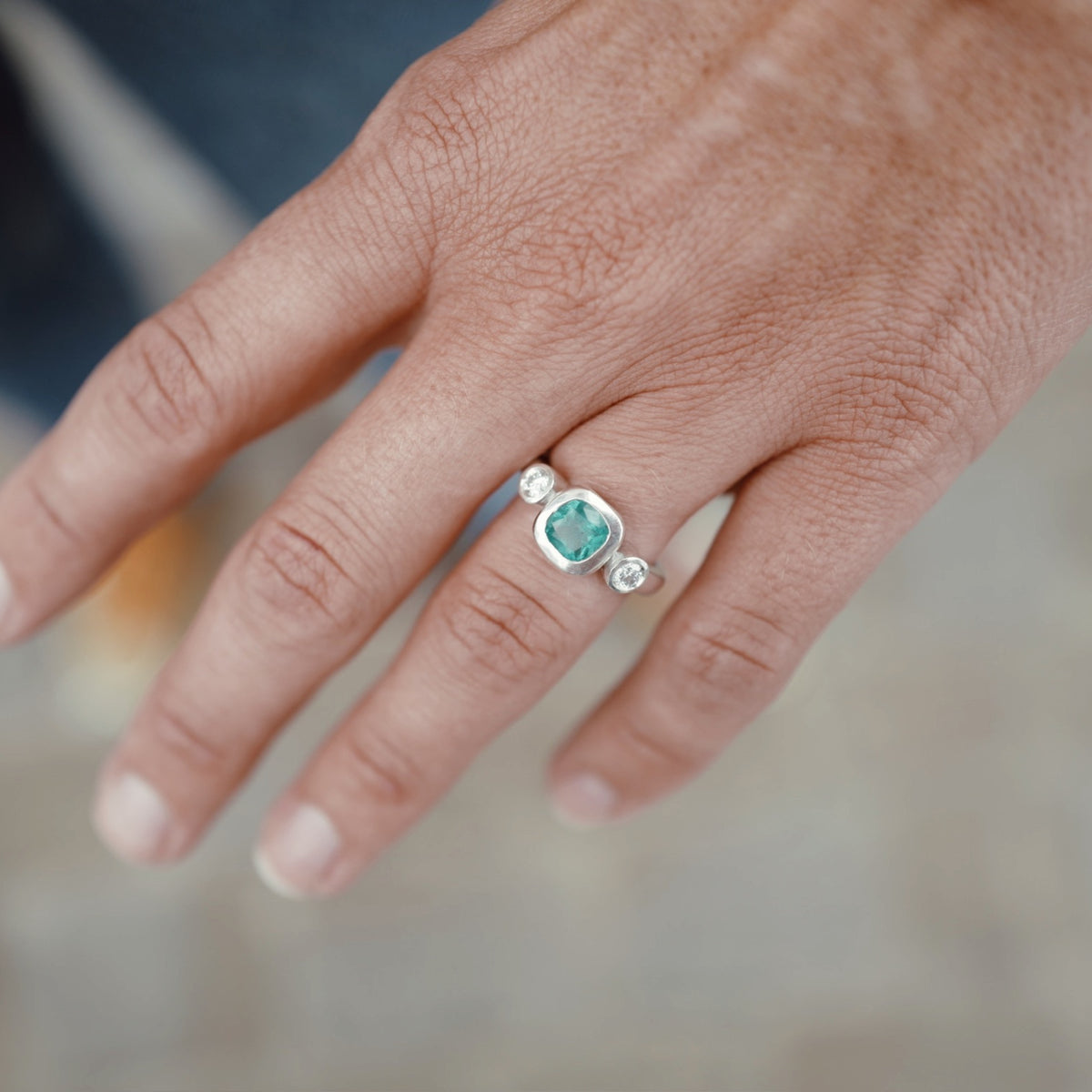 ZELENY Silver Emerald & Diamond Ring