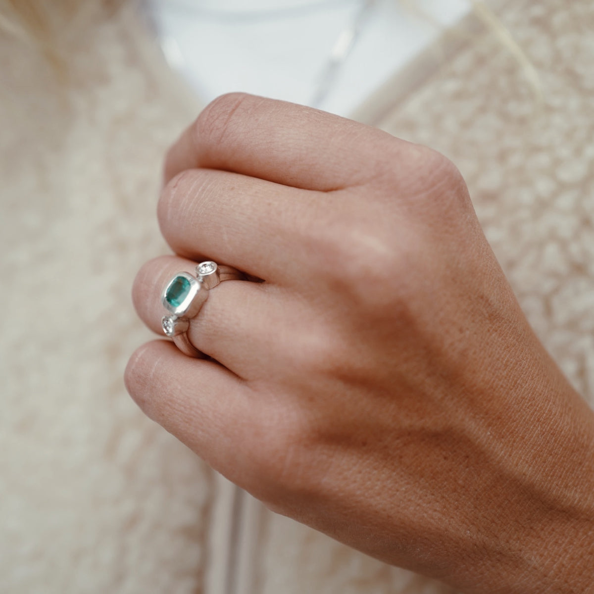 ZELENY Silver Emerald & Diamond Ring
