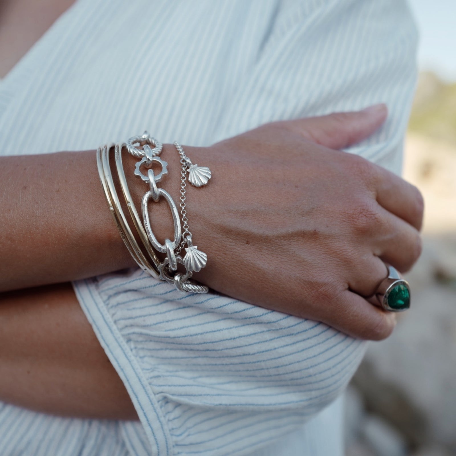 Silver Trio Scallop Shell Chain Bracelet
