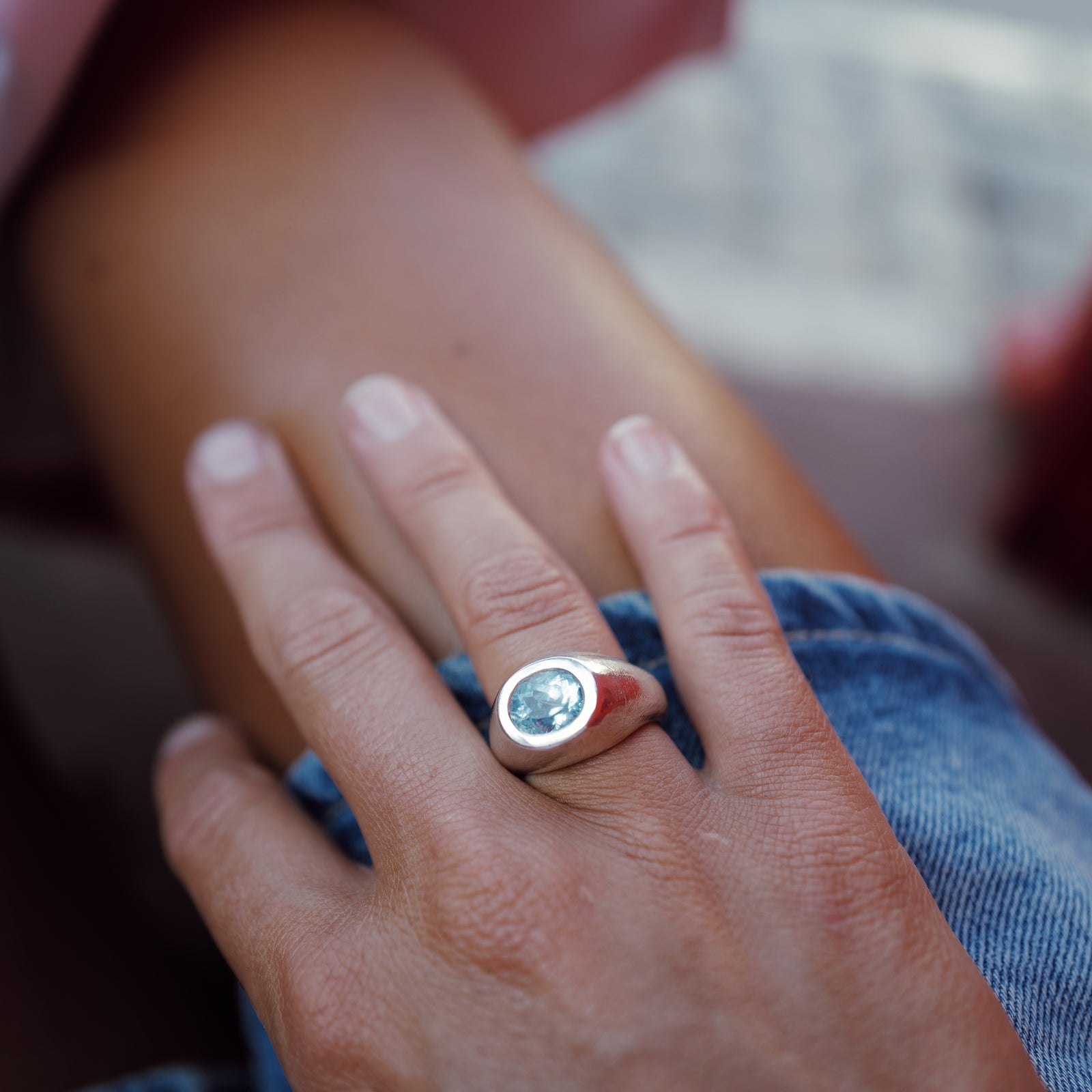 AOULI Silver Zimbaqua Aquamarine Ring