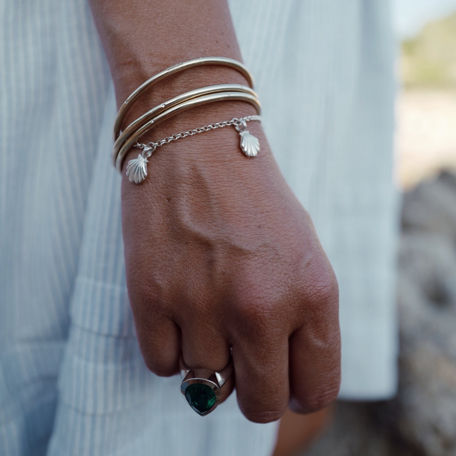 Silver Trio Scallop Shell Chain Bracelet
