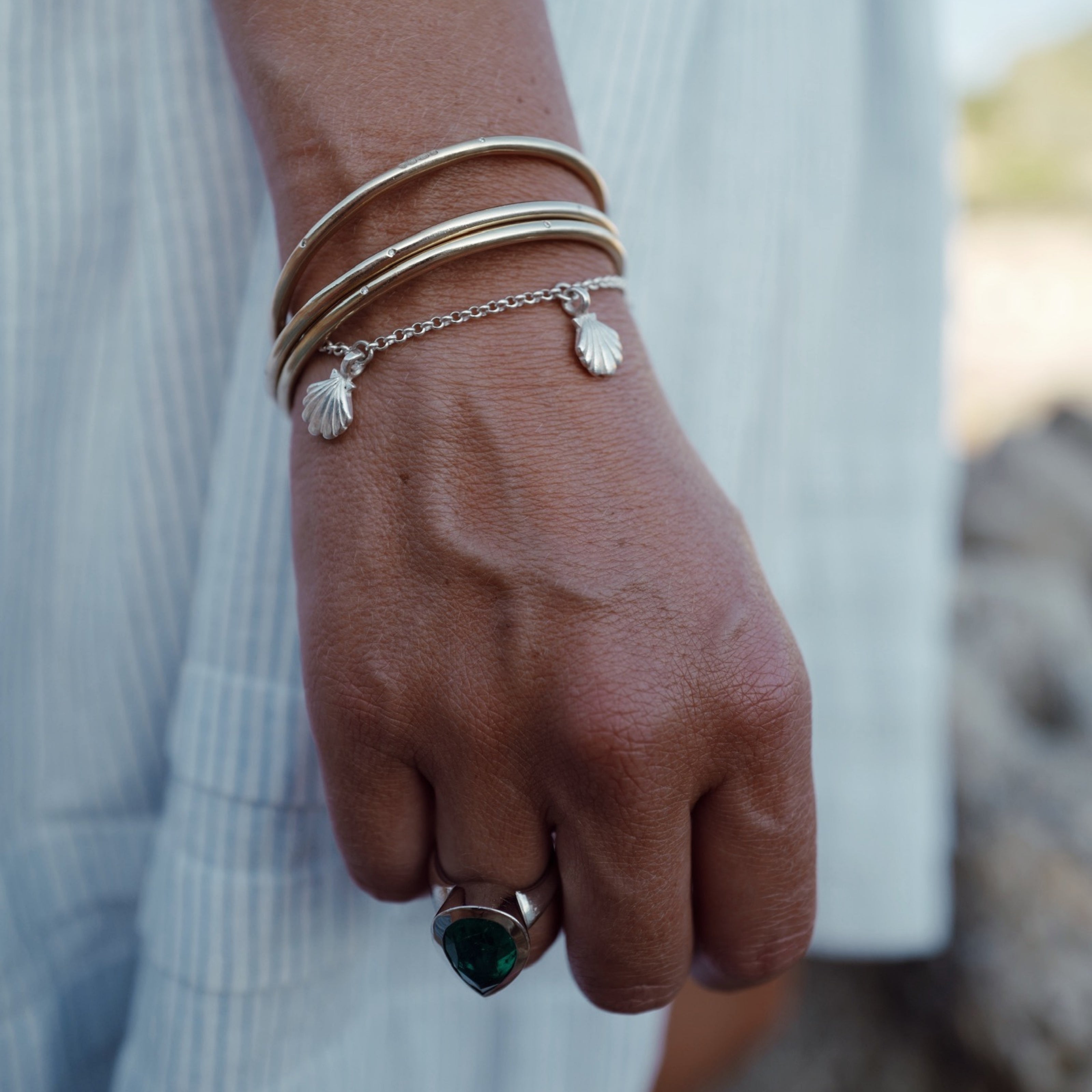 Silver Trio Scallop Shell Chain Bracelet