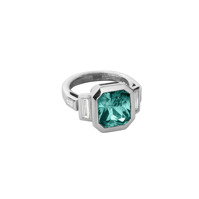 CARI White Gold Teal Sapphire & Diamond Ring