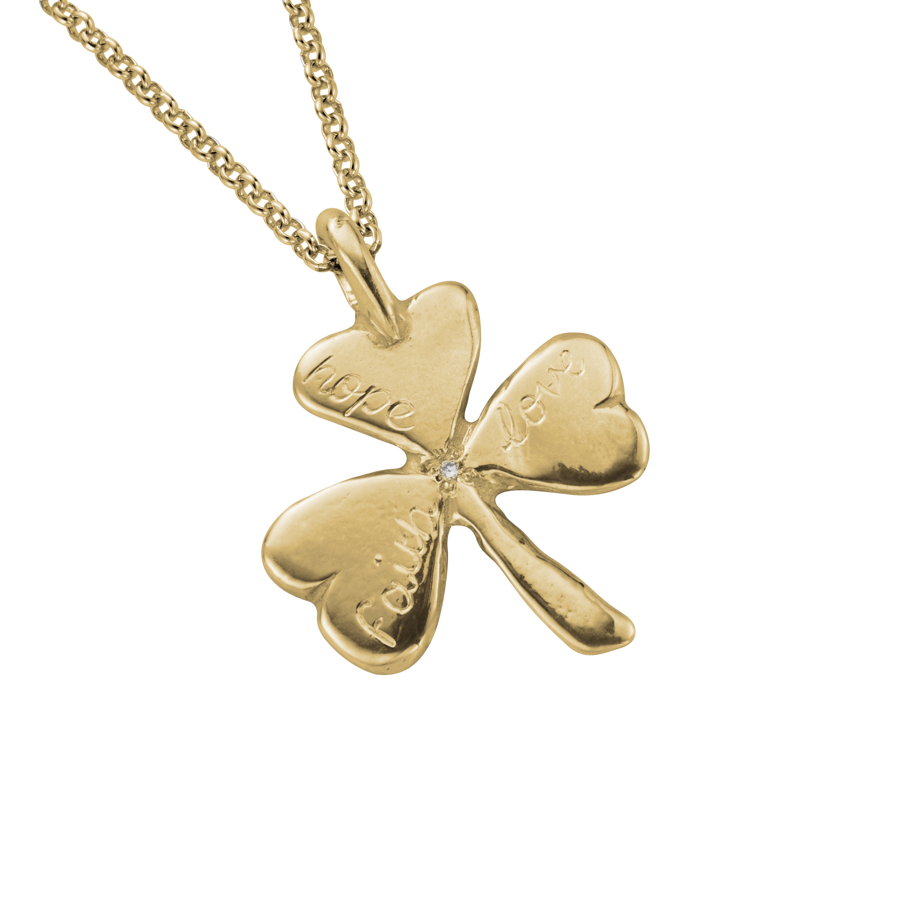 Gold Diamond 'Hope, Faith, Love' Large Shamrock Necklace