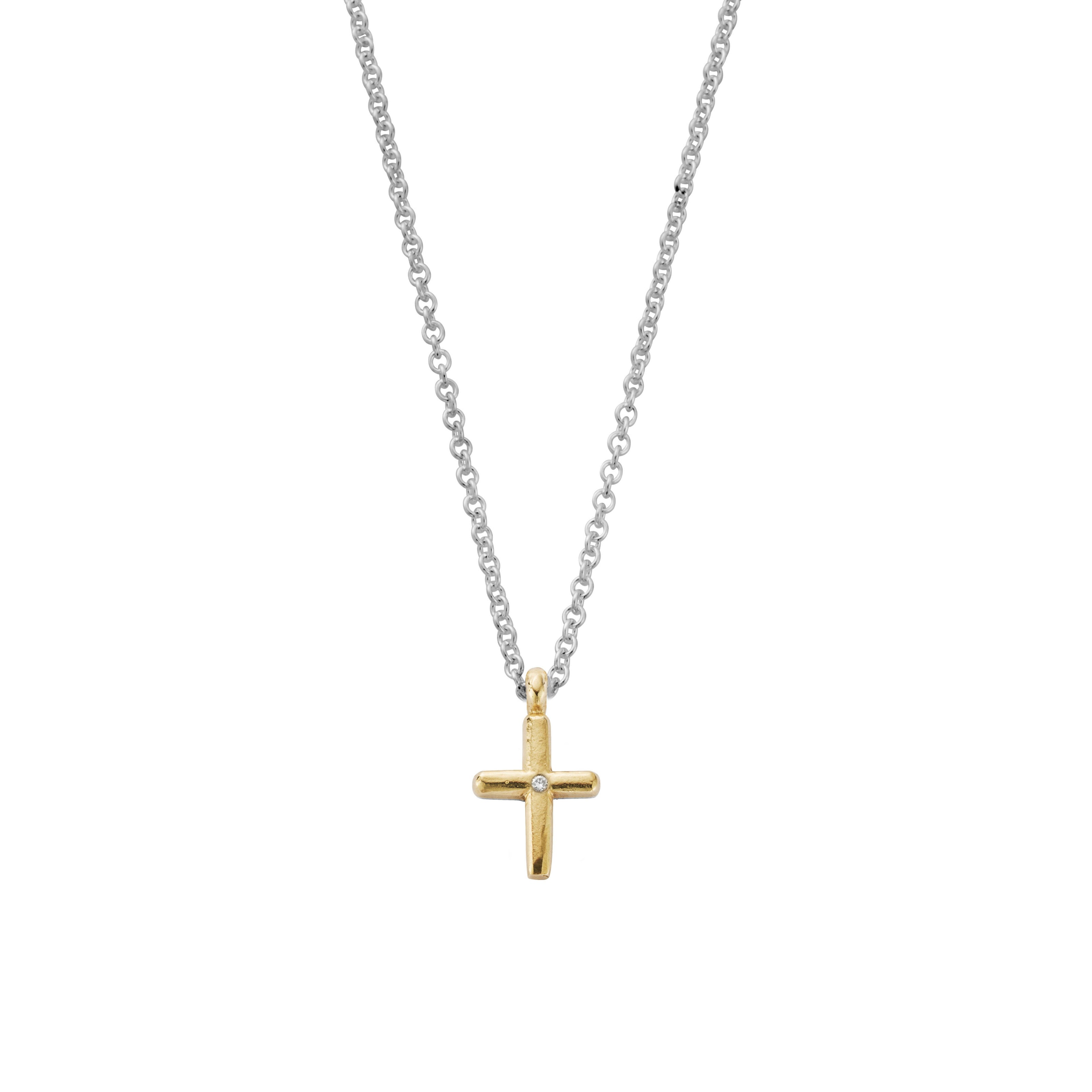 Silver & Gold Diamond Mini Cross Necklace