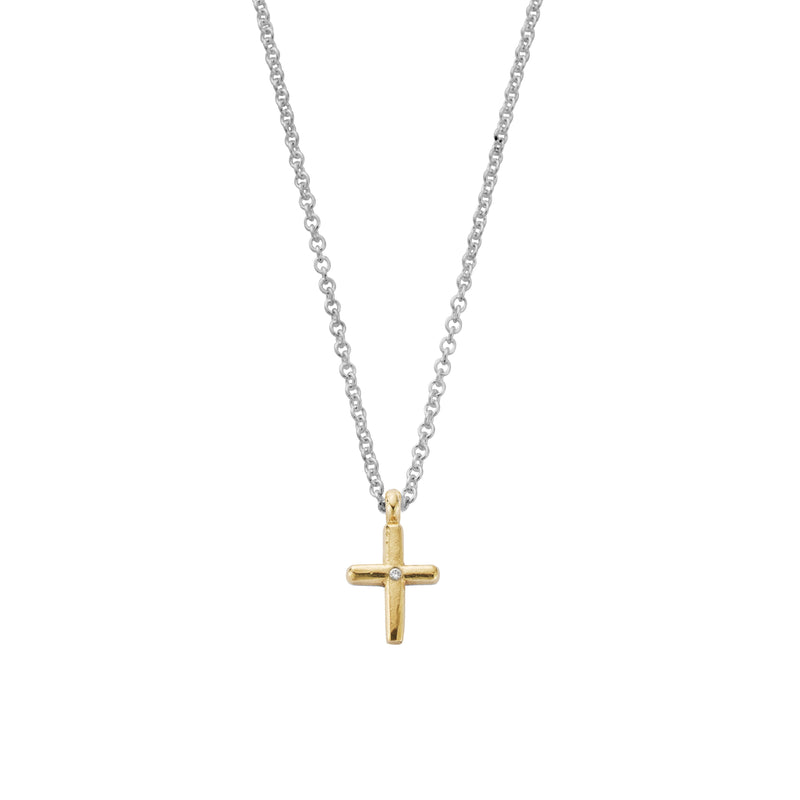 Silver & Gold Diamond Mini Cross Necklace