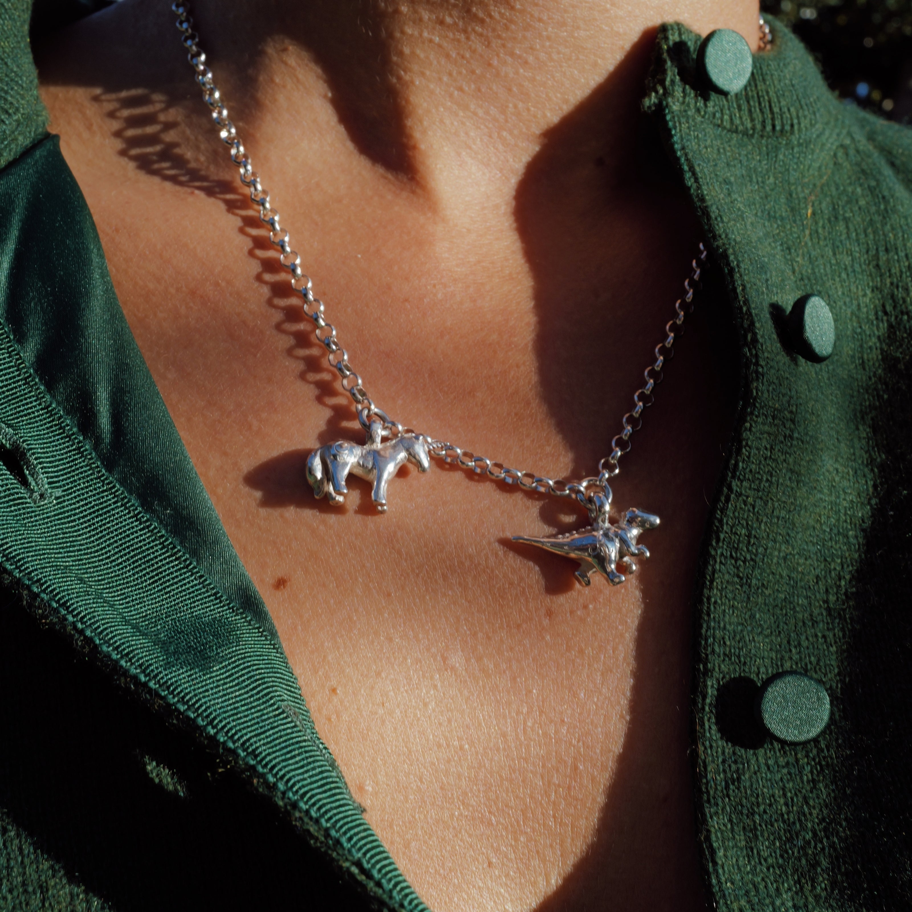 Silver Dinosaur and Unicorn Belcher Necklace