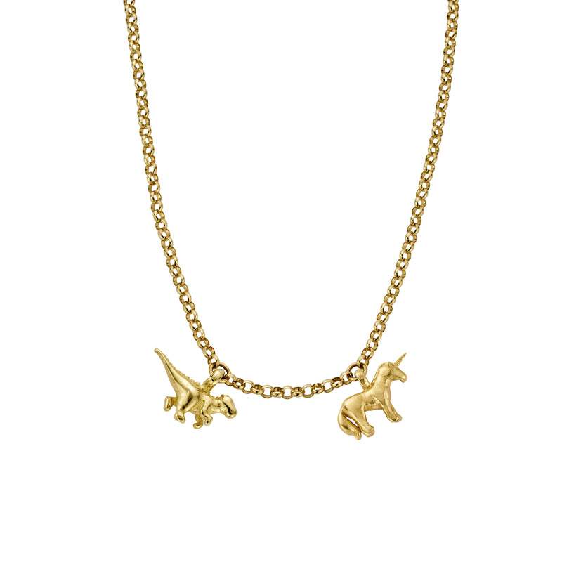 Gold Dinosaur and Unicorn Belcher Necklace