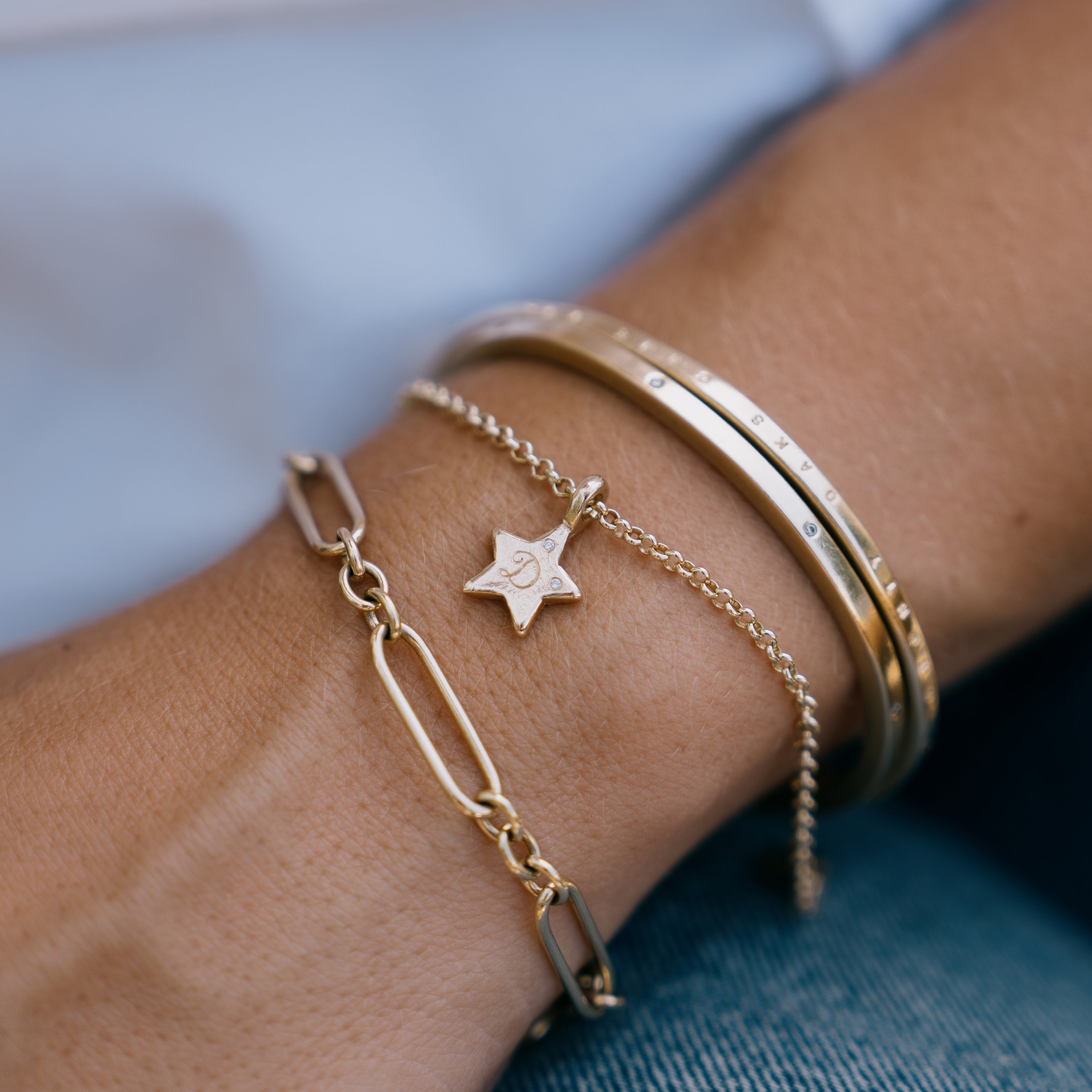Gold Two Diamond Guiding Star Chain Bracelet