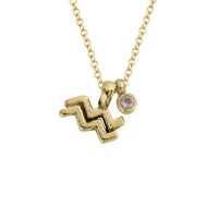 Gold Mini Aquarius Horoscope & Rose Quartz Birthstone Necklace