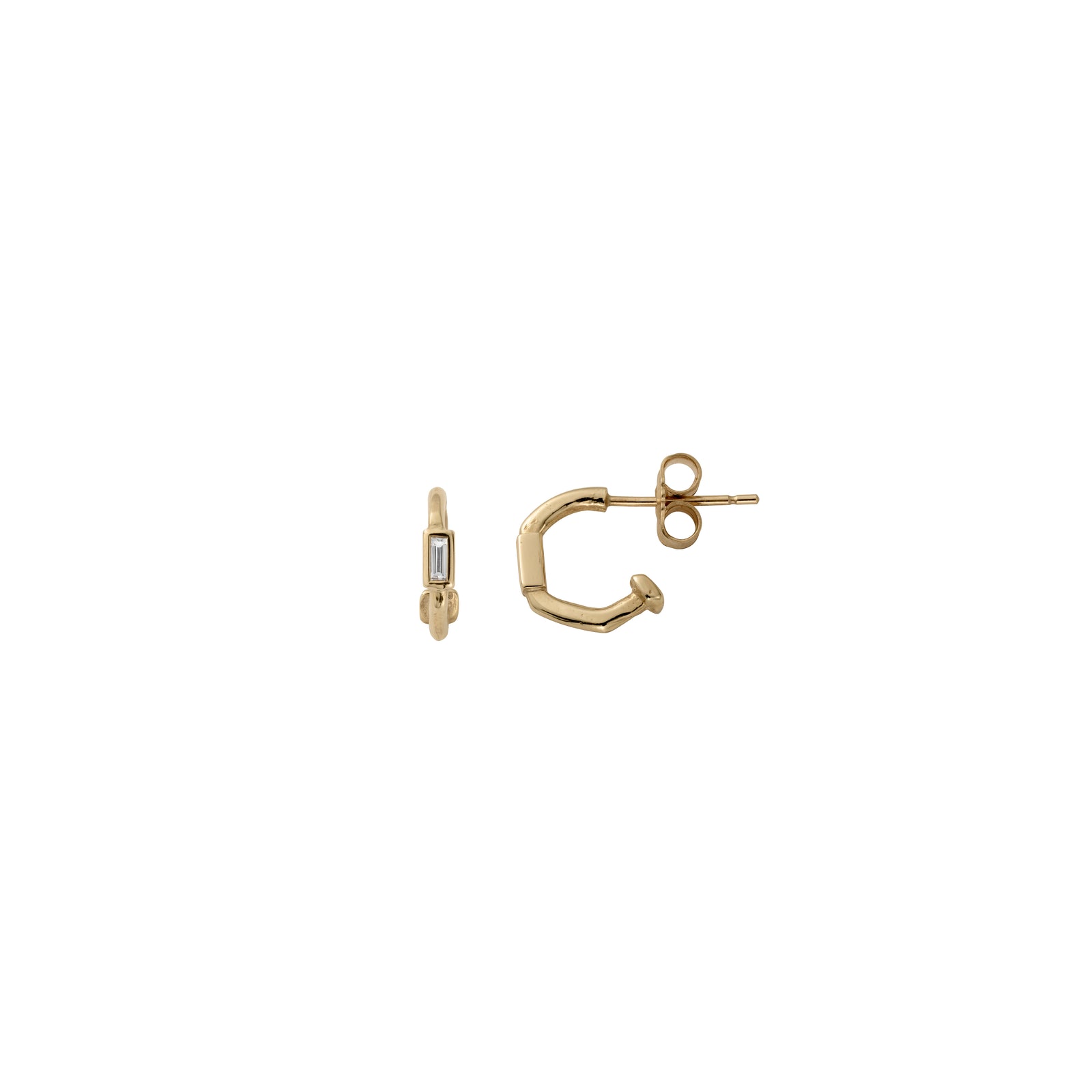 Gold Baguette Diamond Tiny Cupid Hoop Earrings