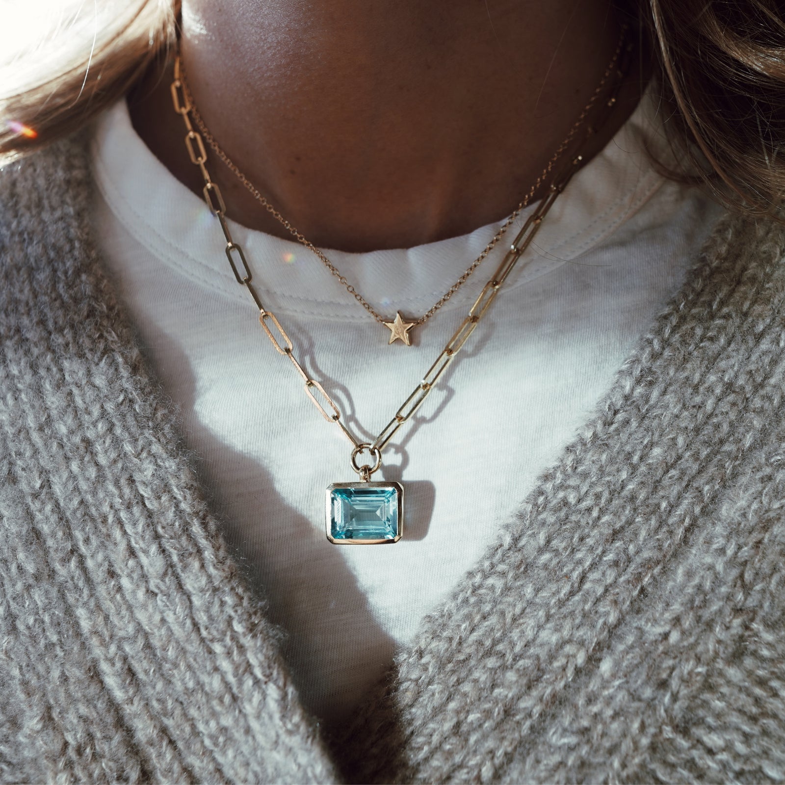 Gold Juno Blue Topaz Trace Chain Necklace