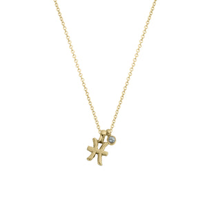 Gold Mini Pisces Horoscope & Aquamarine Birthstone Necklace