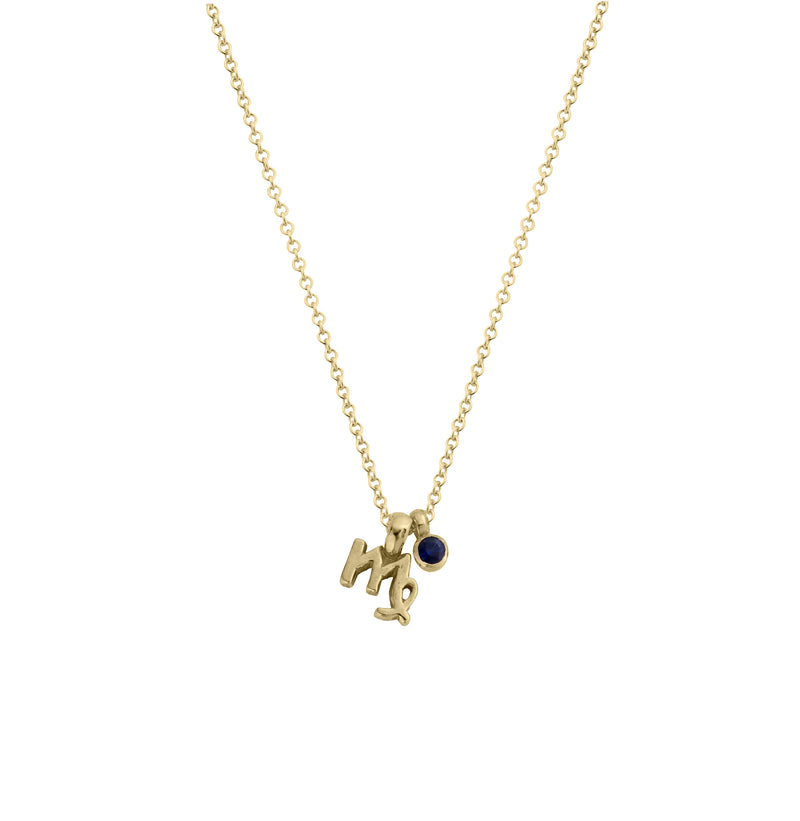 Gold Mini Virgo Horoscope & Blue Sapphire Birthstone Necklace