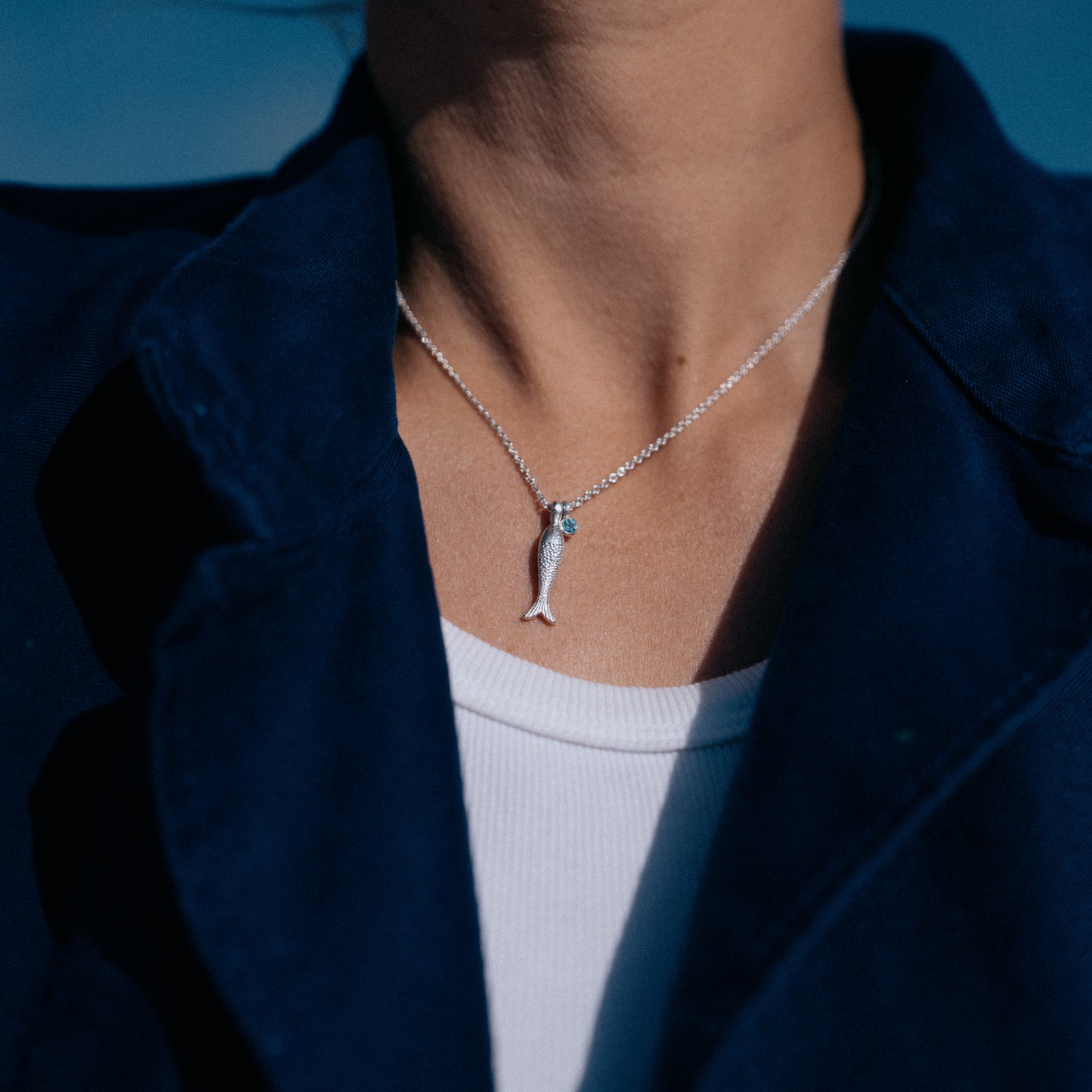 Silver Blue Topaz Fish Necklace