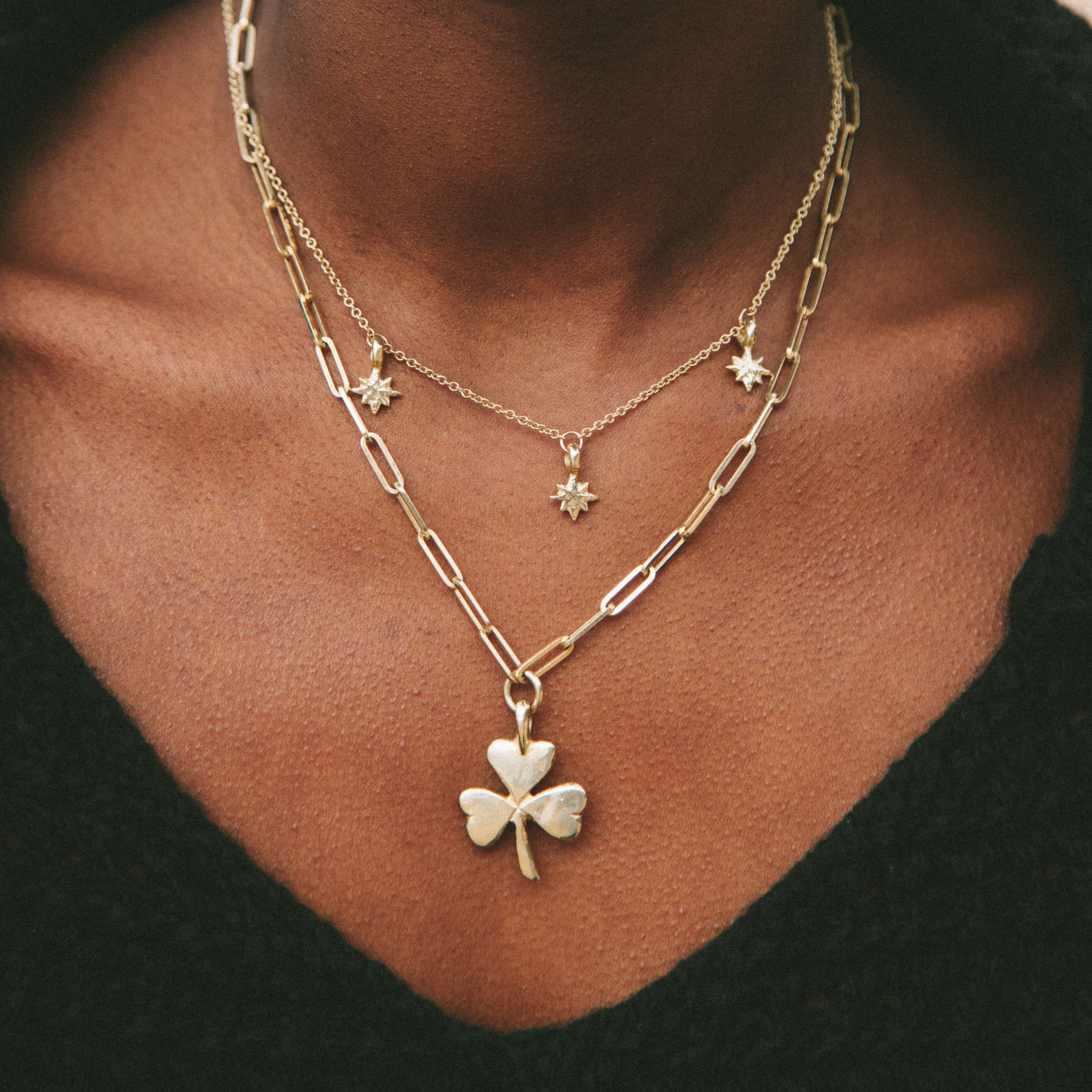 Gold Large Shamrock Trace Chain Necklace