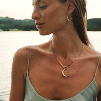 Gold Diamond Large Crescent Moon Trace Chain Necklace