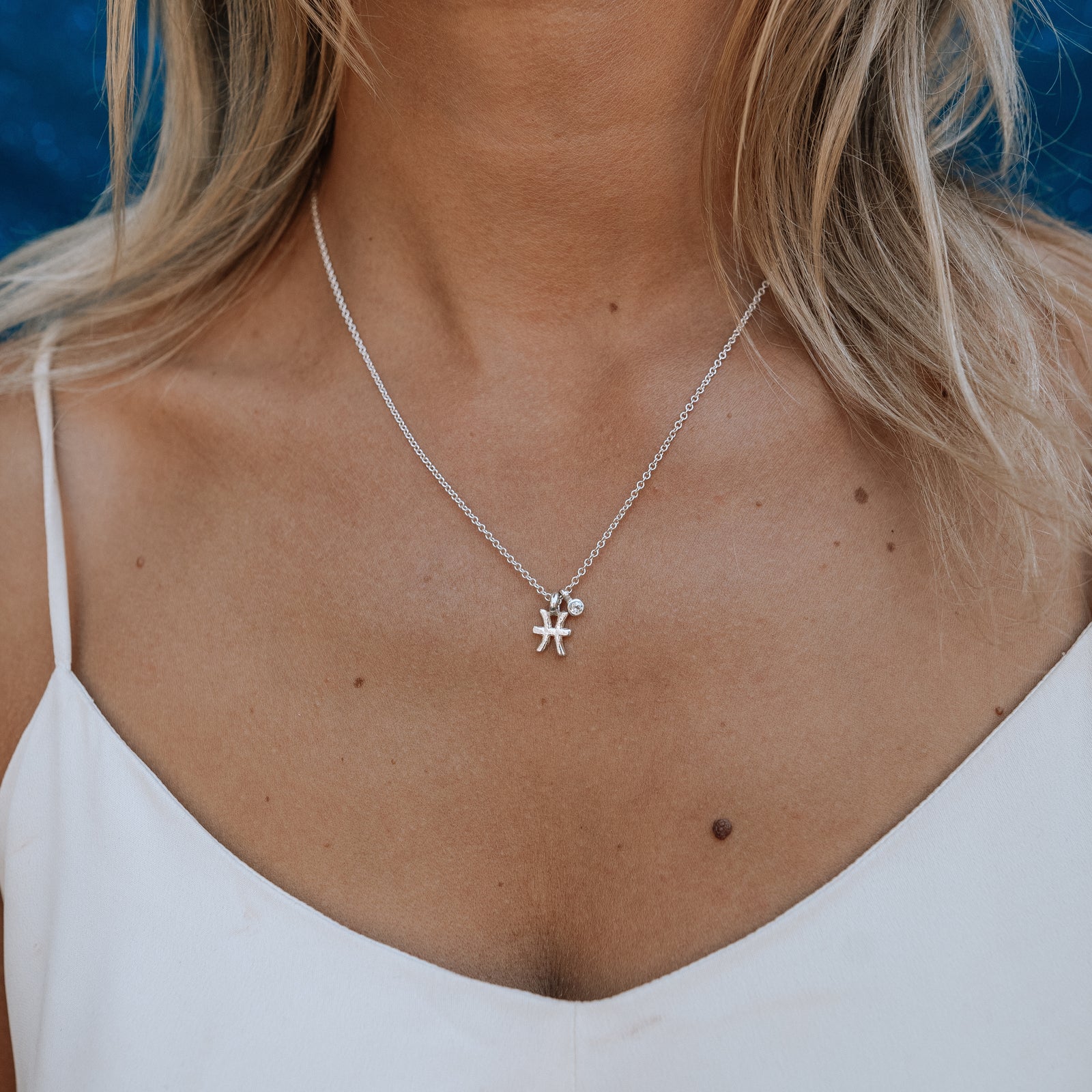 Silver Mini Pisces Horoscope & Aquamarine Birthstone Necklace