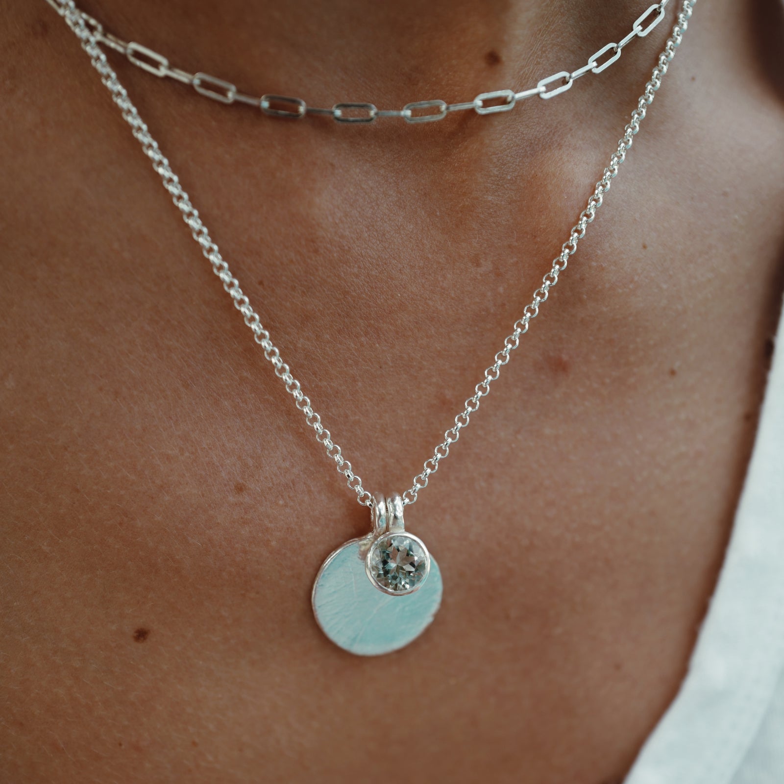 Silver Green Quartz Moon & Stone Necklace