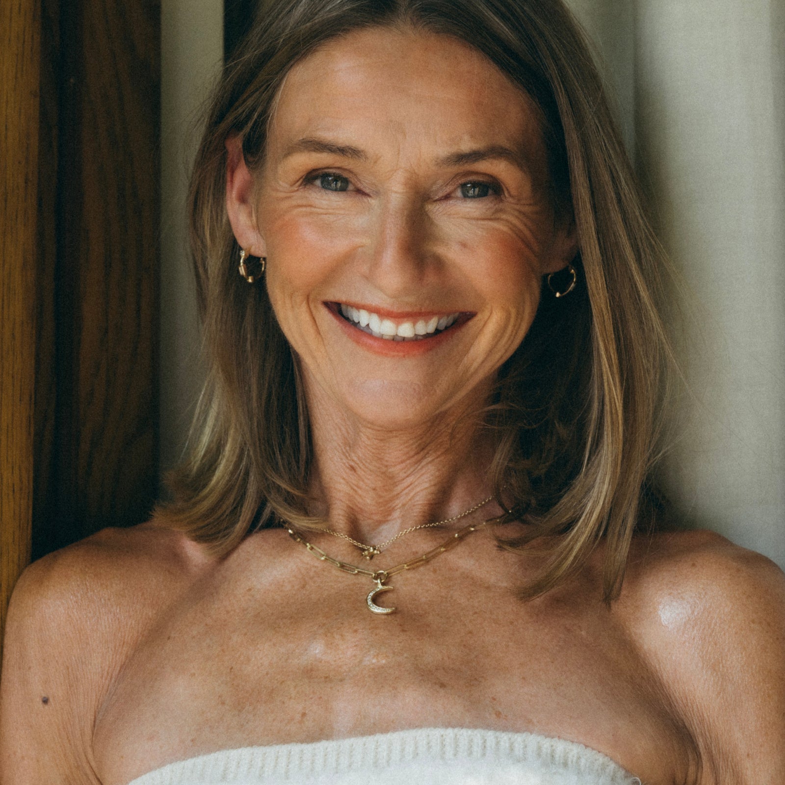 Gold Pavé Set Diamond Medium Crescent Moon Trace Chain Necklace