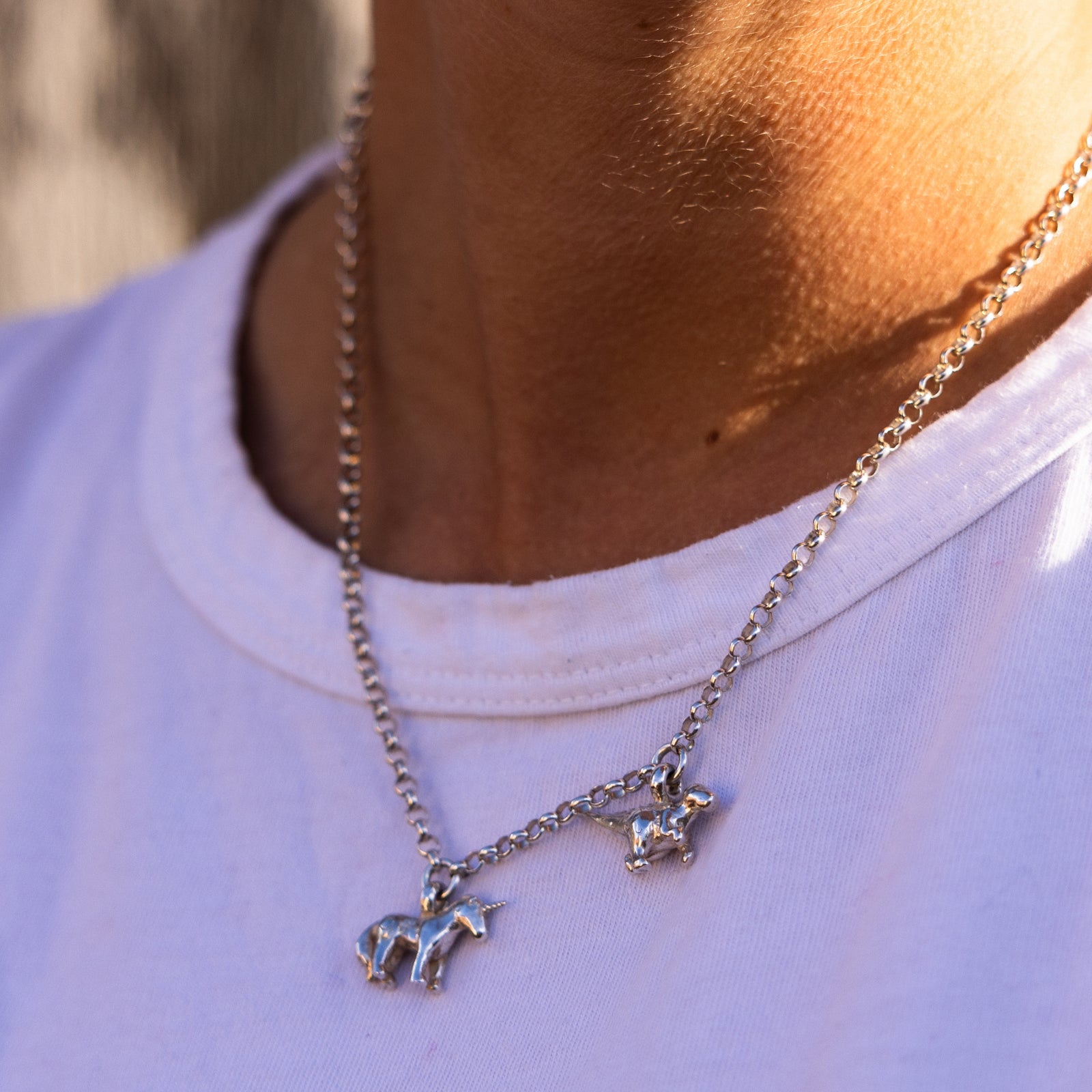 Silver Dinosaur and Unicorn Belcher Necklace