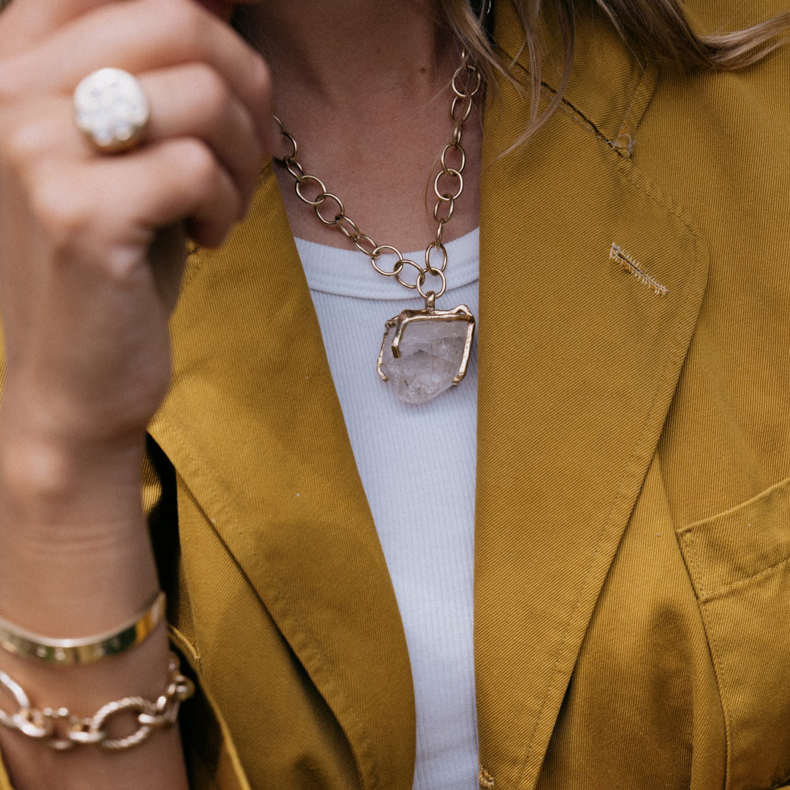 No.1 Gold Rock Crystal Pendant Handmade Chain Necklace