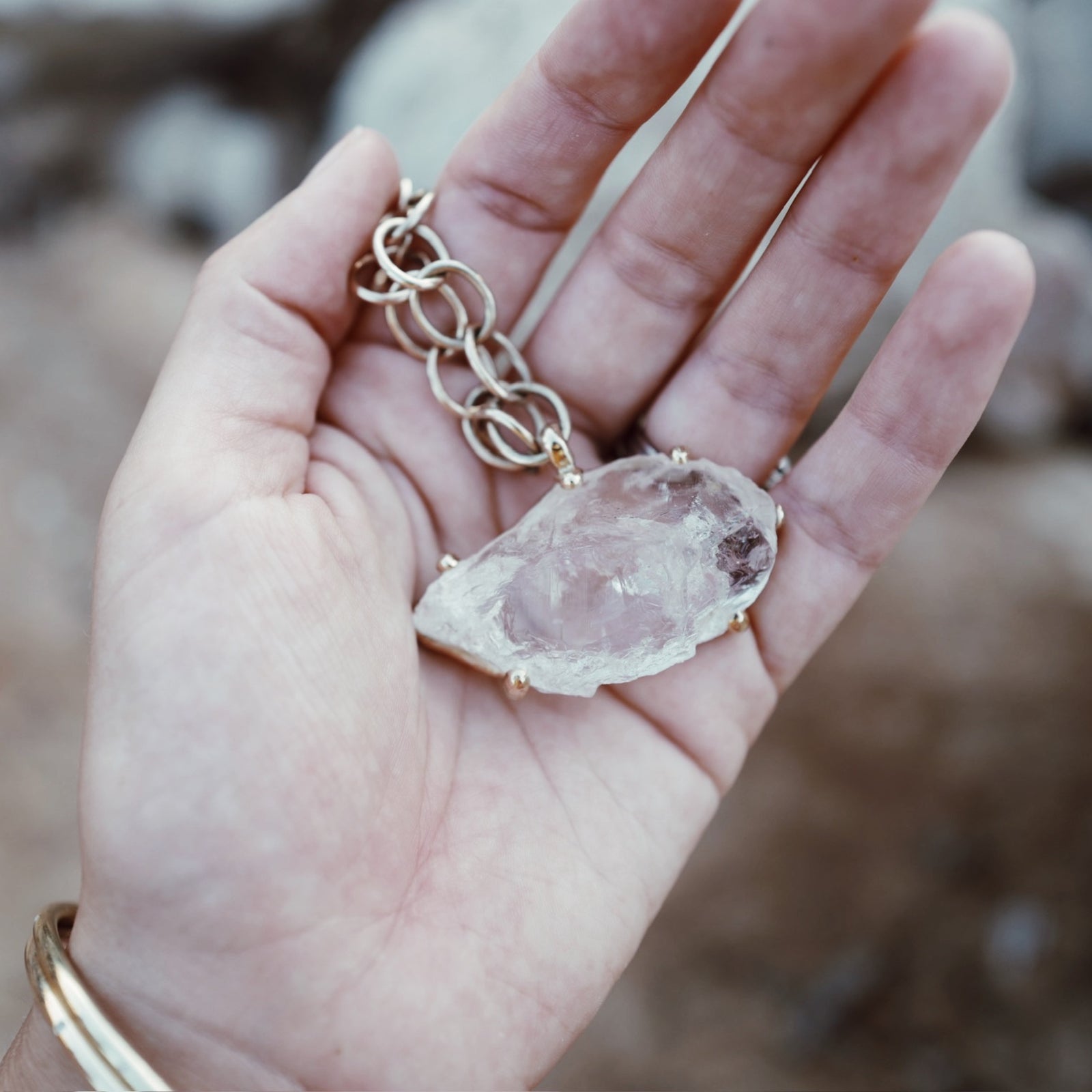 No.2 Gold Rock Crystal Pendant Handmade Chain Necklace
