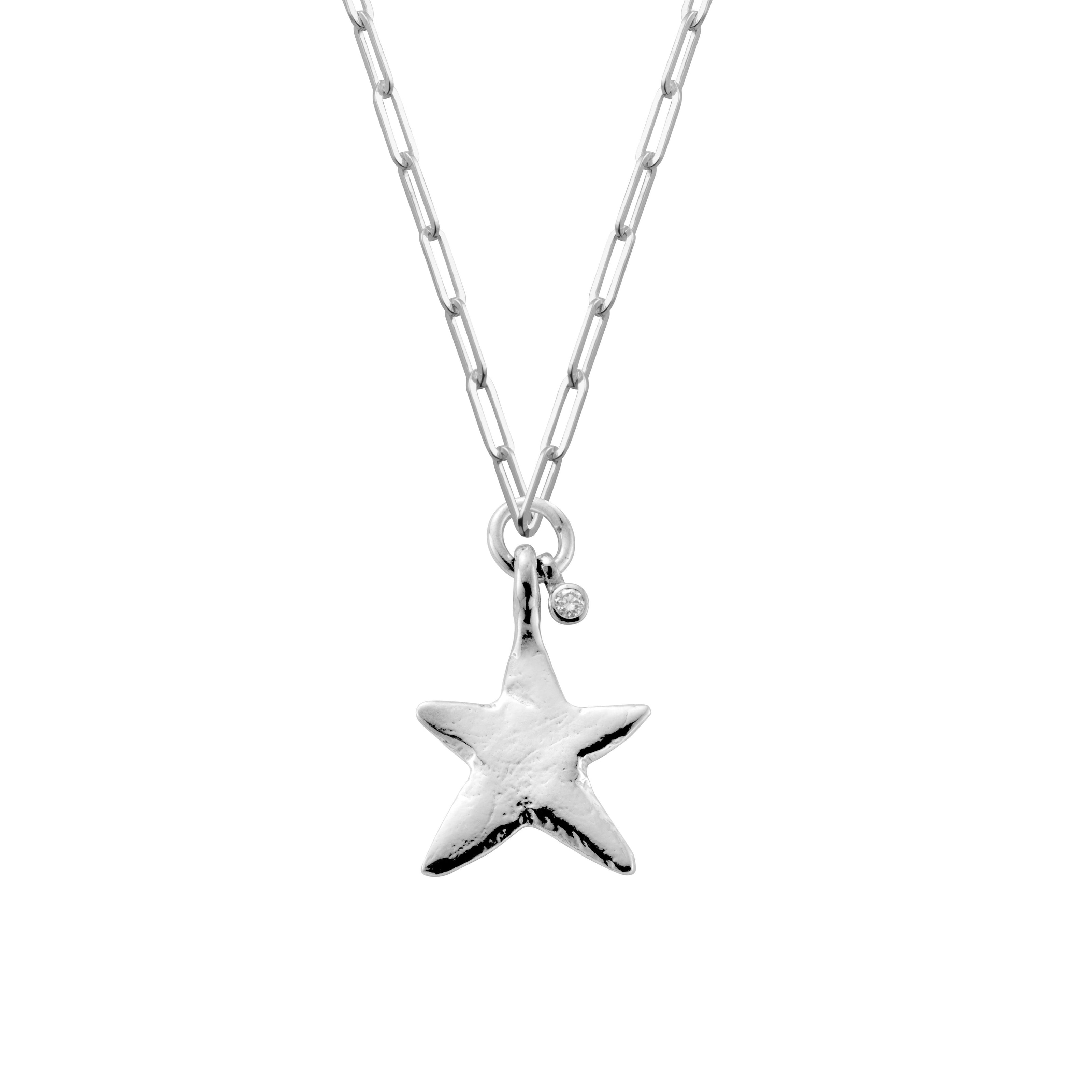 Silver Midi Star Trace Chain Necklace with Diamond