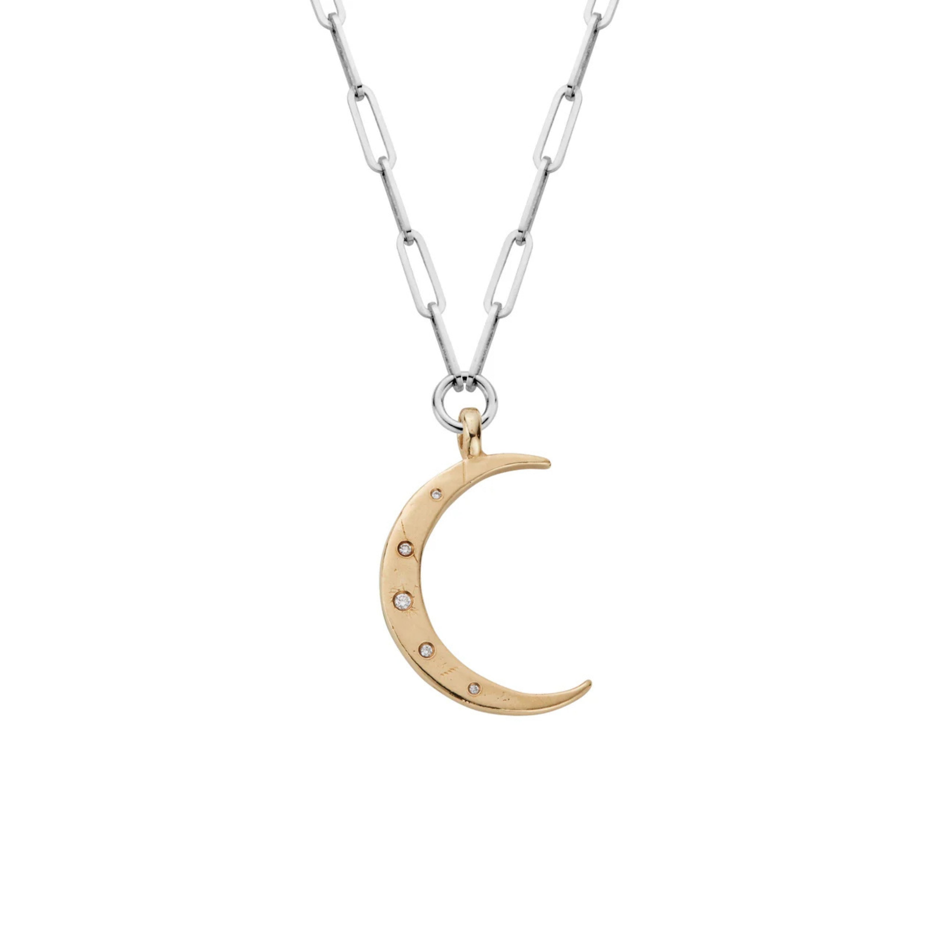 Silver & Gold Diamond Large Crescent Moon Trace Chain Necklace