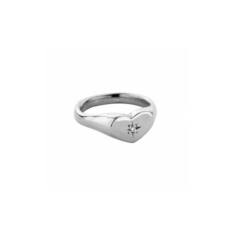 Silver Diamond Star Sweetheart Signet Ring