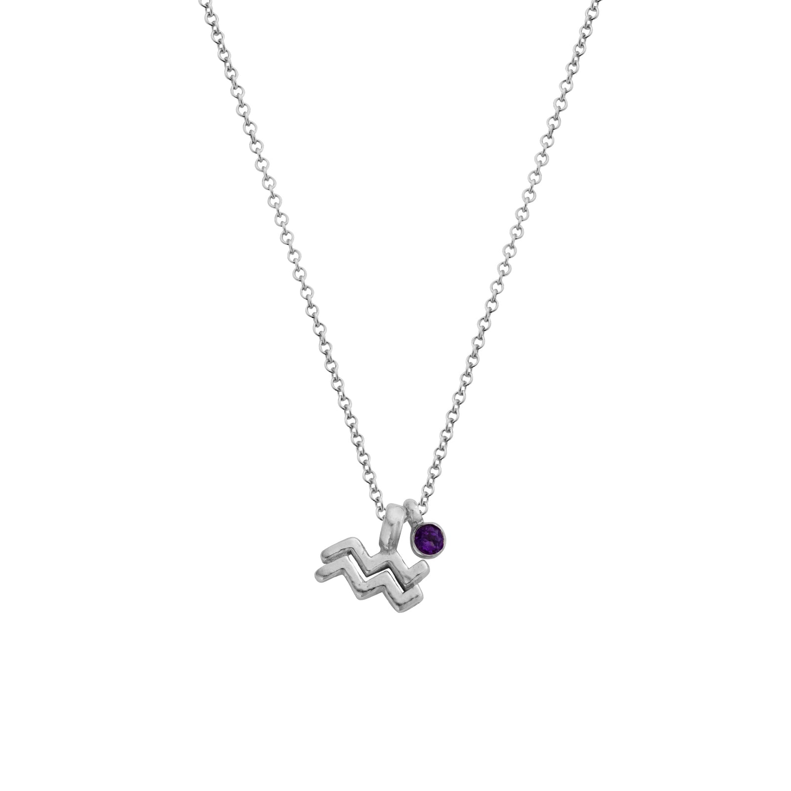 Silver Mini Aquarius Horoscope & Mini Amethyst Birthstone Necklace