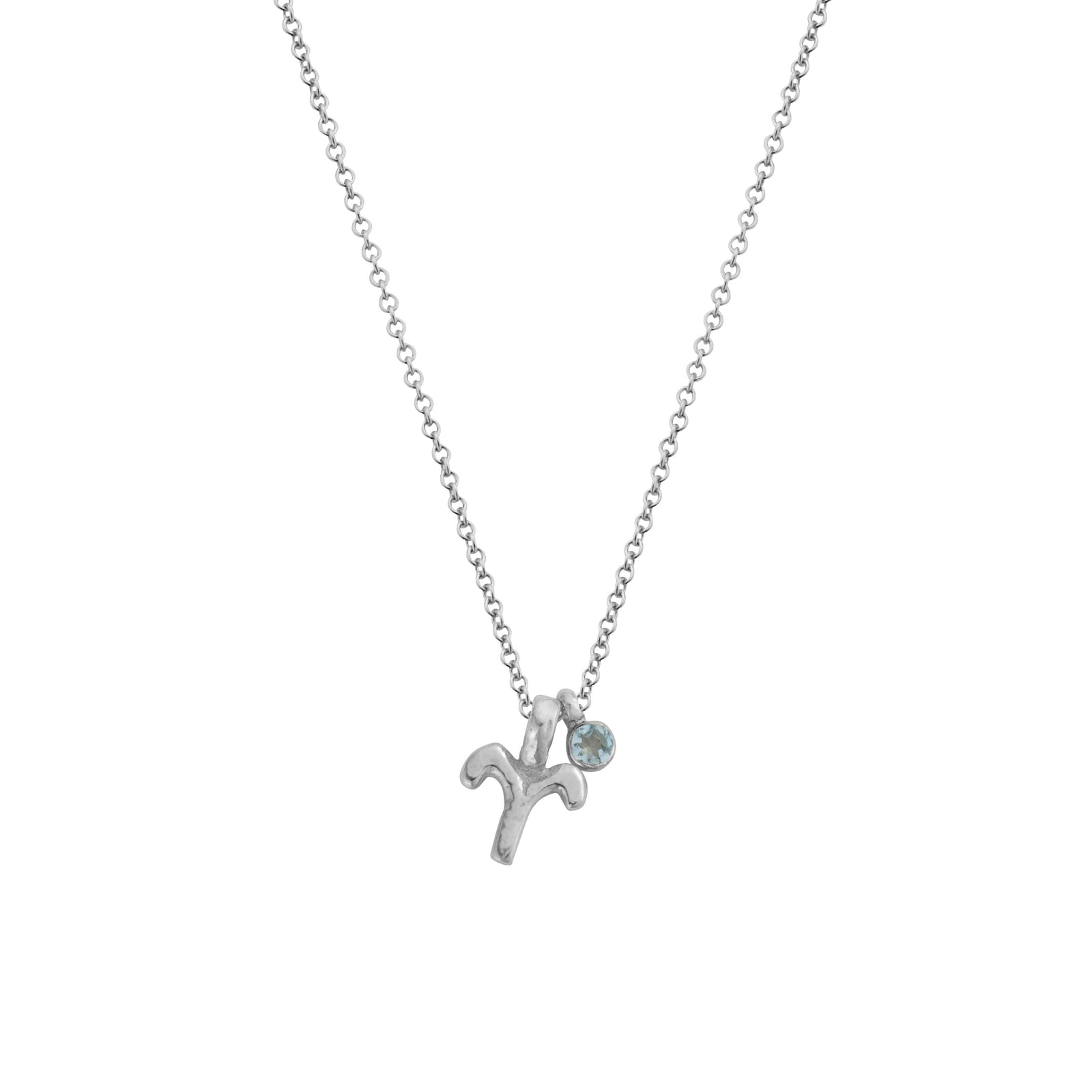 Silver Mini Aries Horoscope & Aquamarine Birthstone Necklace