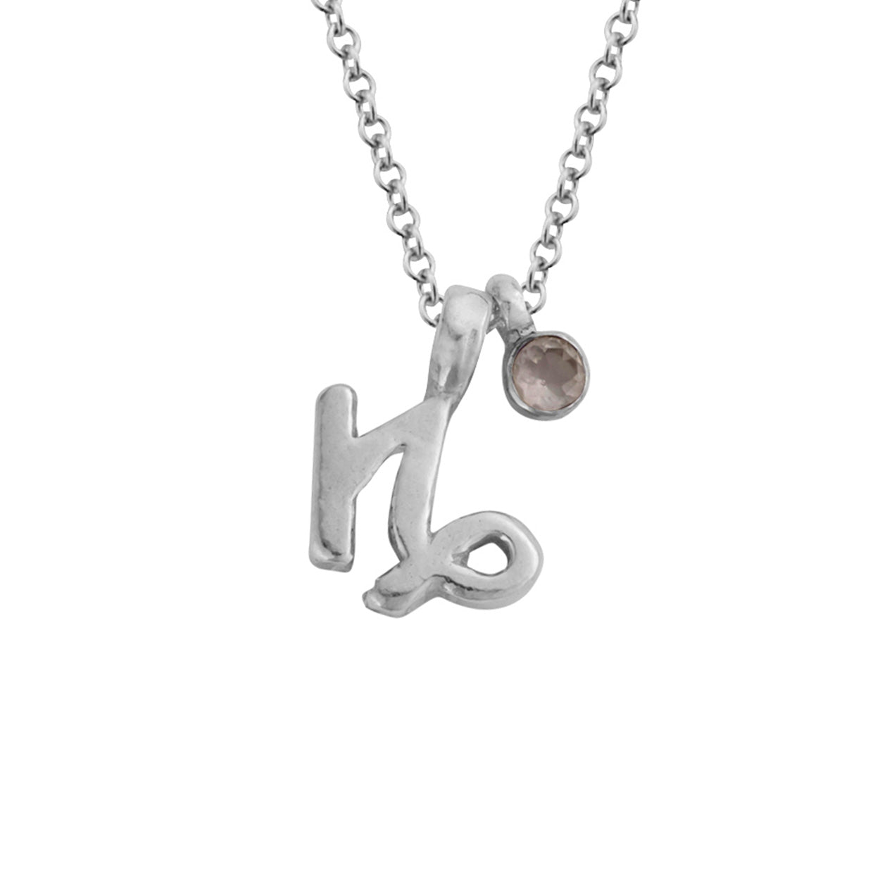 Silver Mini Capricorn Horoscope & Rose Quartz Birthstone Necklace