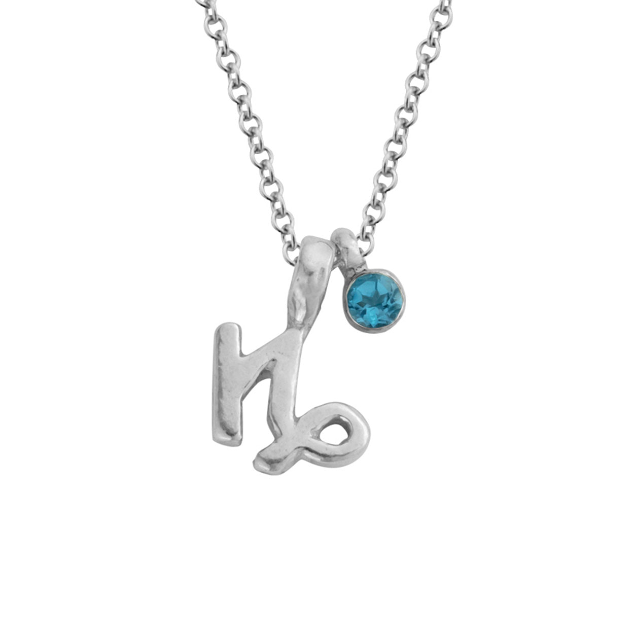 Silver Mini Capricorn Horoscope & Blue Topaz Birthstone Necklace